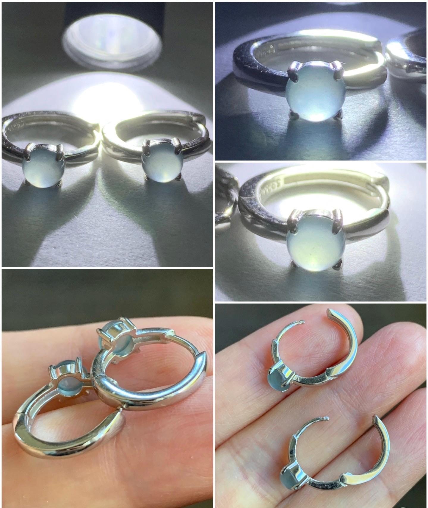 Natural Guatemalan Icy Highly Translucent Light Blue Jadeite Hoop Huggie Earrings S925 Sterling Silver 天然冰危起光淡蓝翡翠银镶耳包