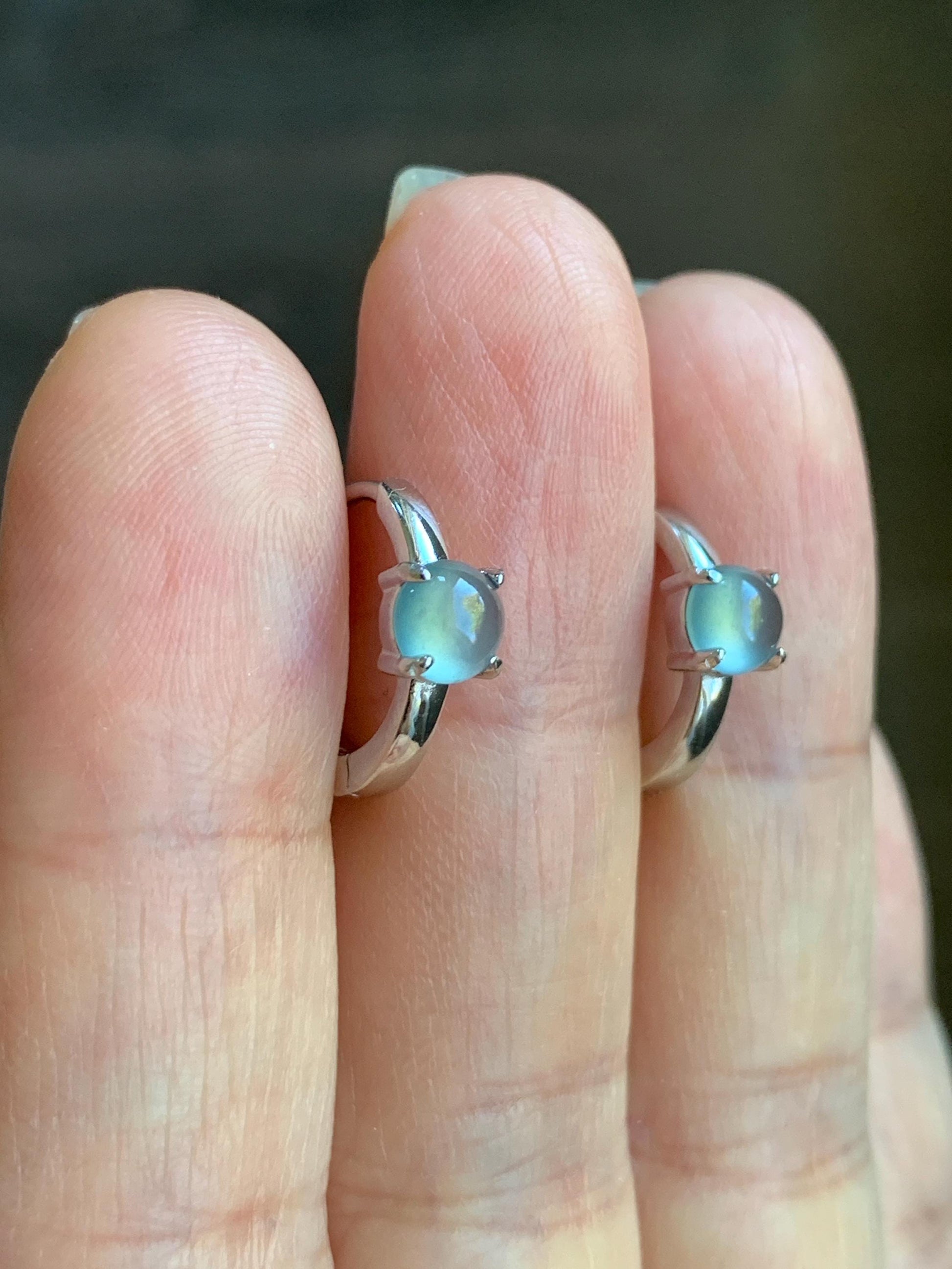 Natural Guatemalan Icy Highly Translucent Light Blue Jadeite Hoop Huggie Earrings S925 Sterling Silver 天然冰危起光淡蓝翡翠银镶耳包