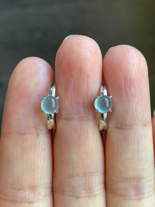 Natural Guatemalan Icy Highly Translucent Light Blue Jadeite Hoop Huggie Earrings S925 Sterling Silver 天然冰危起光淡蓝翡翠银镶耳包