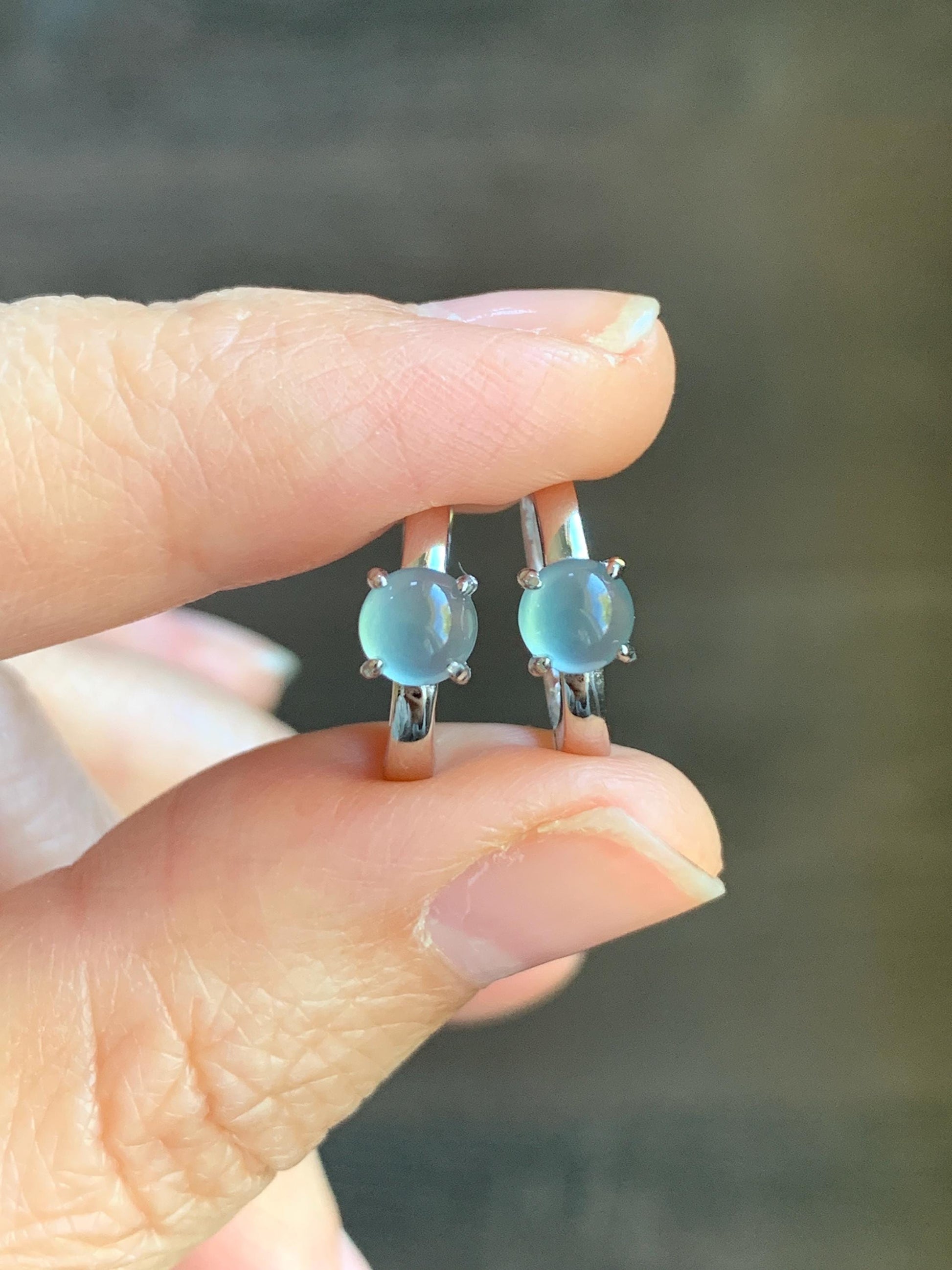 Natural Guatemalan Icy Highly Translucent Light Blue Jadeite Hoop Huggie Earrings S925 Sterling Silver 天然冰危起光淡蓝翡翠银镶耳包