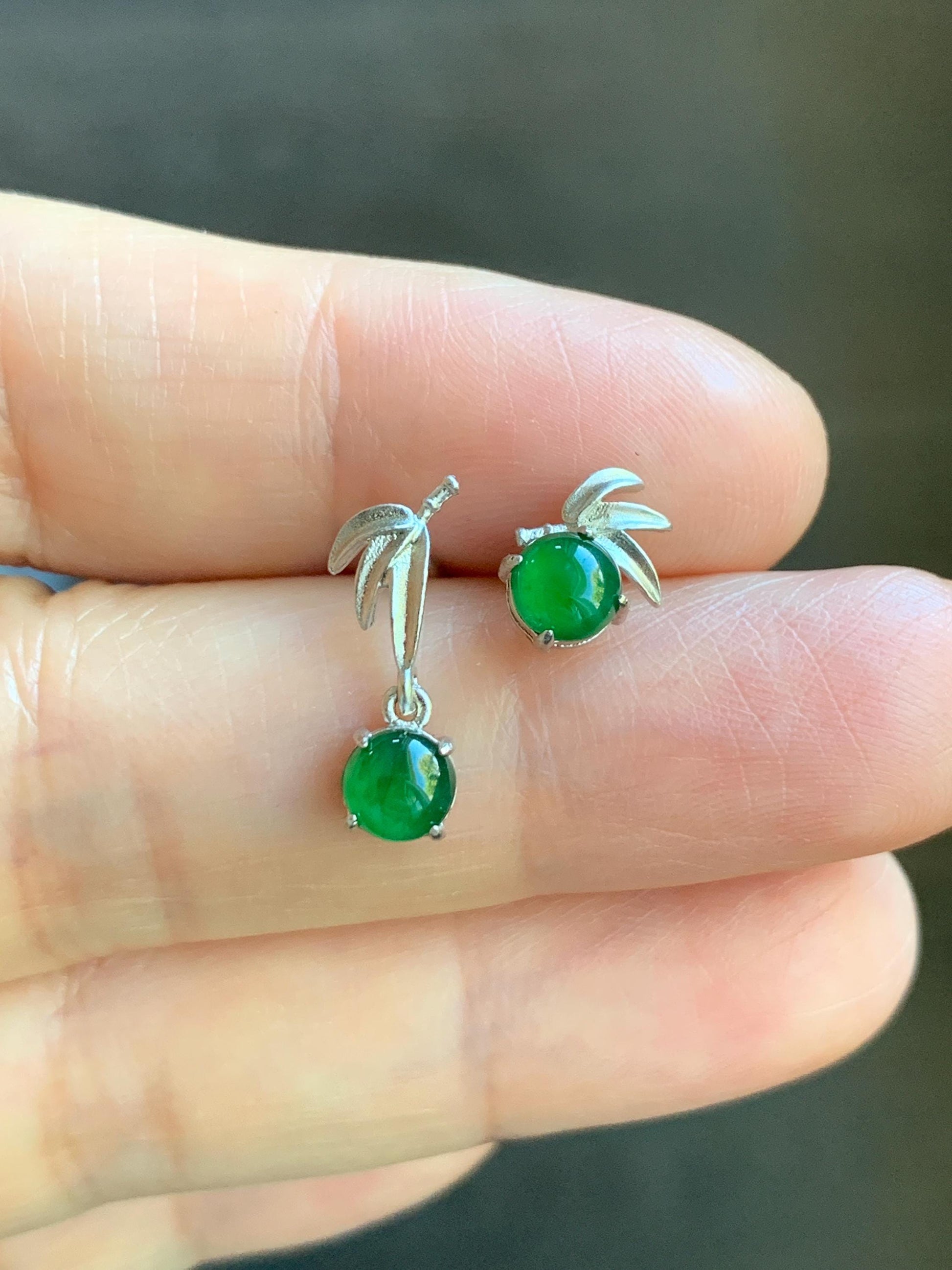 Natural Guatemalan Icy Highly Translucent Vibrant Green Jadeite Bamboo Leaf AB Design Stud Earrings Sterling Silver 天然冰危绿翡翠竹节AB款银镶耳钉