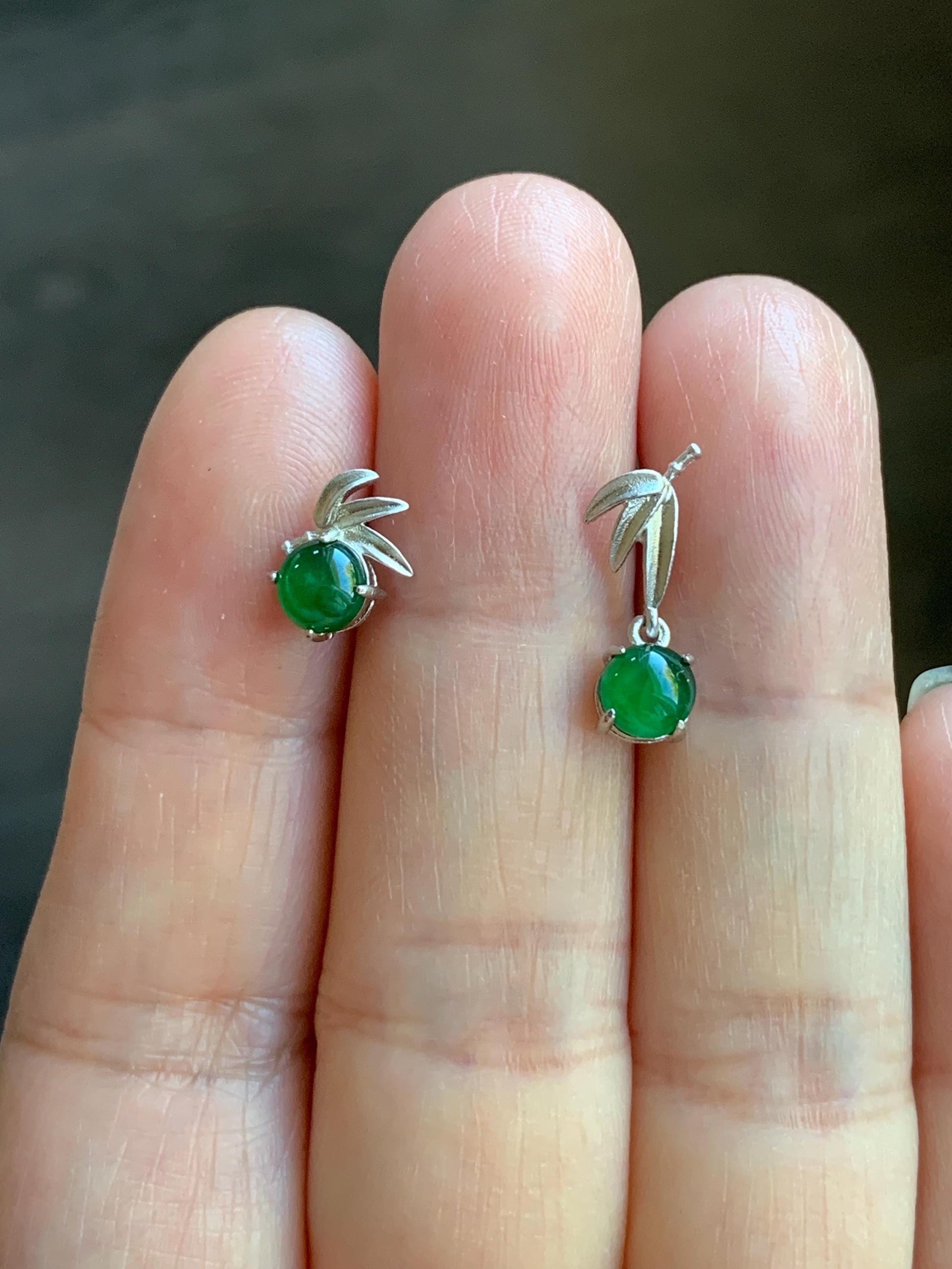 Natural Guatemalan Icy Highly Translucent Vibrant Green Jadeite Bamboo Leaf AB Design Stud Earrings Sterling Silver 天然冰危绿翡翠竹节AB款银镶耳钉