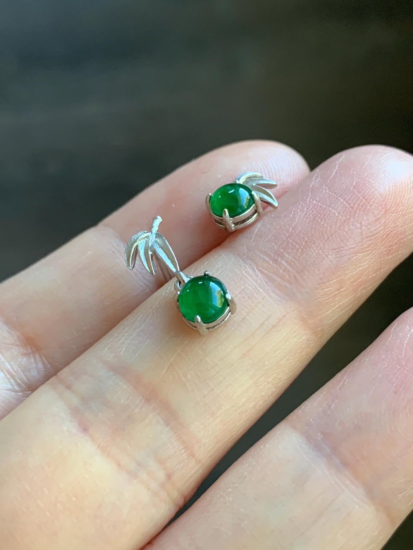 Natural Guatemalan Icy Highly Translucent Vibrant Green Jadeite Bamboo Leaf AB Design Stud Earrings Sterling Silver 天然冰危绿翡翠竹节AB款银镶耳钉
