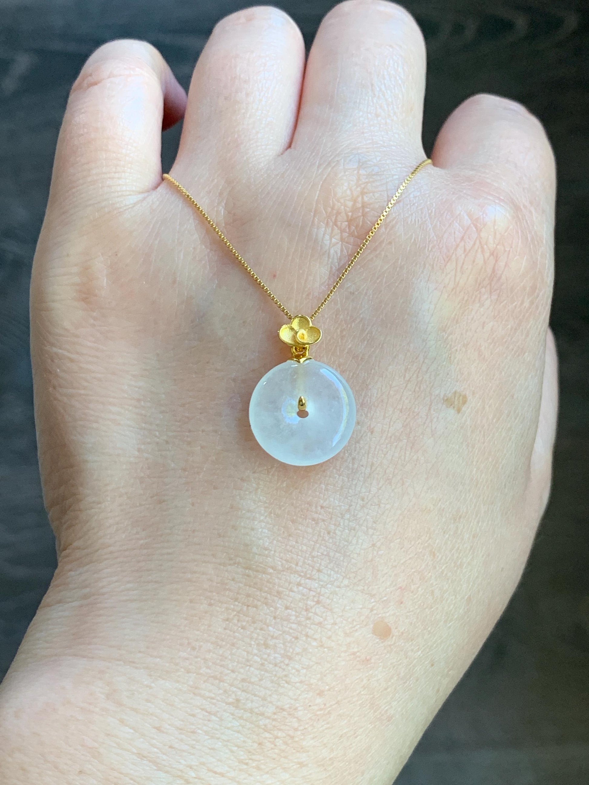 Certified Natural Burmese Icy Highly Translucent White Jadeite Petite Ping An Kou Donut Pendant 18K Yellow Gold 天然缅甸正白冰翡翠平安扣仿古款镶嵌吊坠 3029
