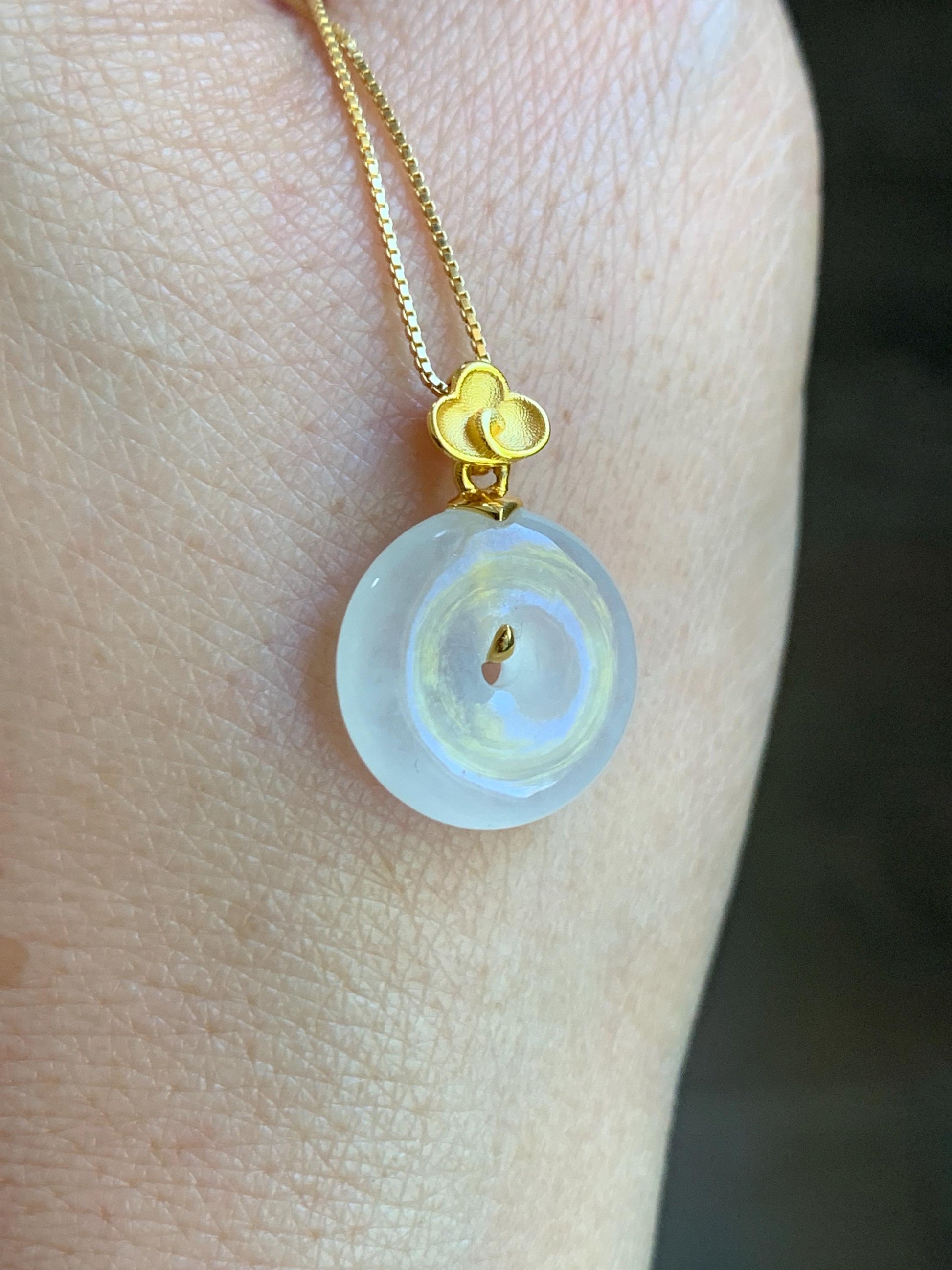Certified Natural Burmese Icy Highly Translucent White Jadeite Petite Ping An Kou Donut Pendant 18K Yellow Gold 天然缅甸正白冰翡翠平安扣仿古款镶嵌吊坠 3029