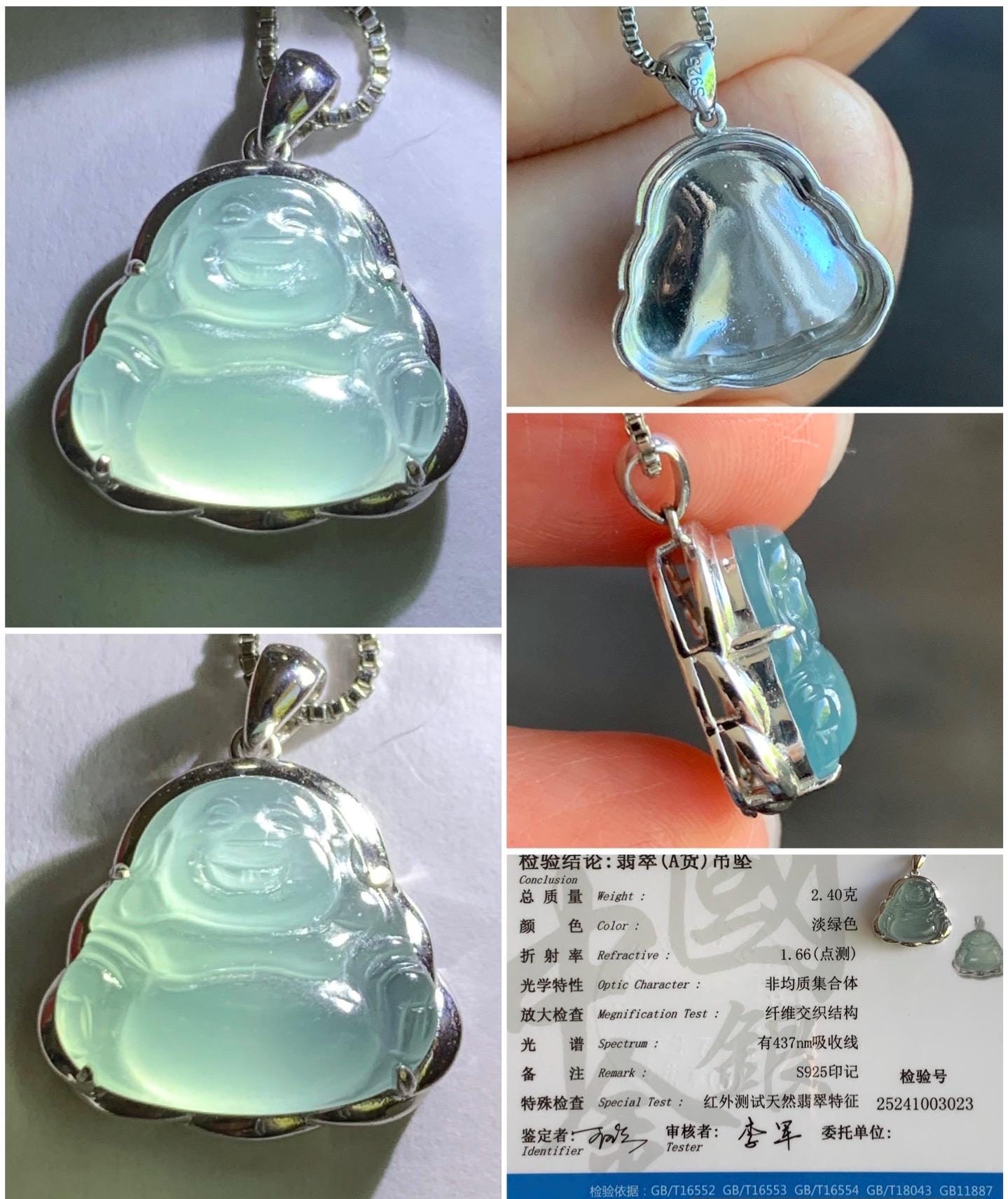 Certified Natural Guatemalan Icy Highly Translucent Light Teal Blue Jadeite Buddha Petite Pendant Sterling Silver 天然老种高冰危蓝绿翡翠起光佛公镶嵌吊坠 3023