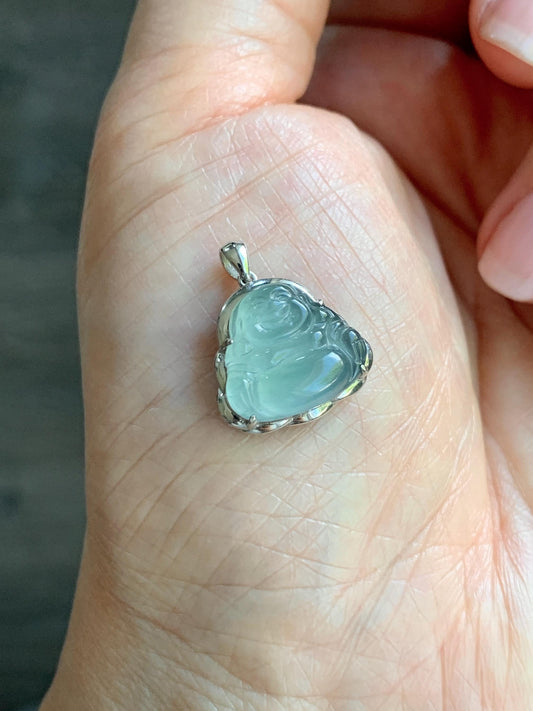Certified Natural Guatemalan Icy Highly Translucent Light Teal Blue Jadeite Buddha Petite Pendant Sterling Silver 天然老种高冰危蓝绿翡翠起光佛公镶嵌吊坠 3023