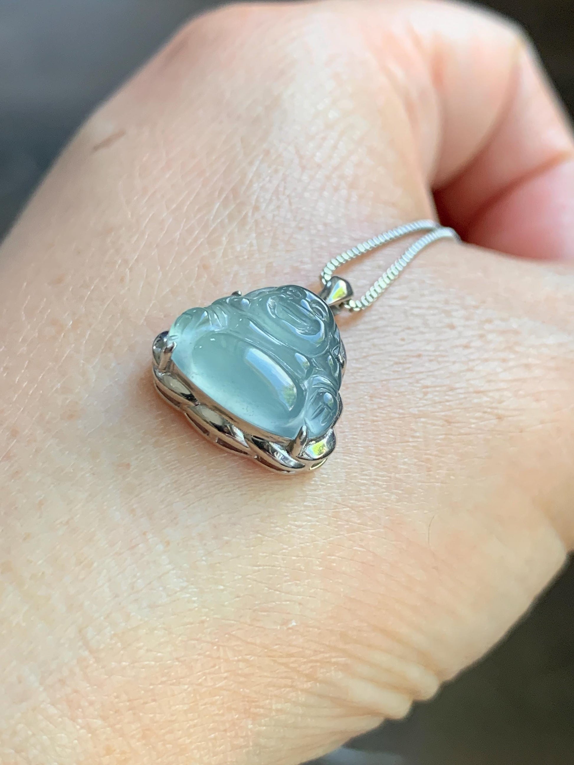Certified Natural Guatemalan Icy Highly Translucent Light Teal Blue Jadeite Buddha Petite Pendant Sterling Silver 天然老种高冰危蓝绿翡翠起光佛公镶嵌吊坠 3023