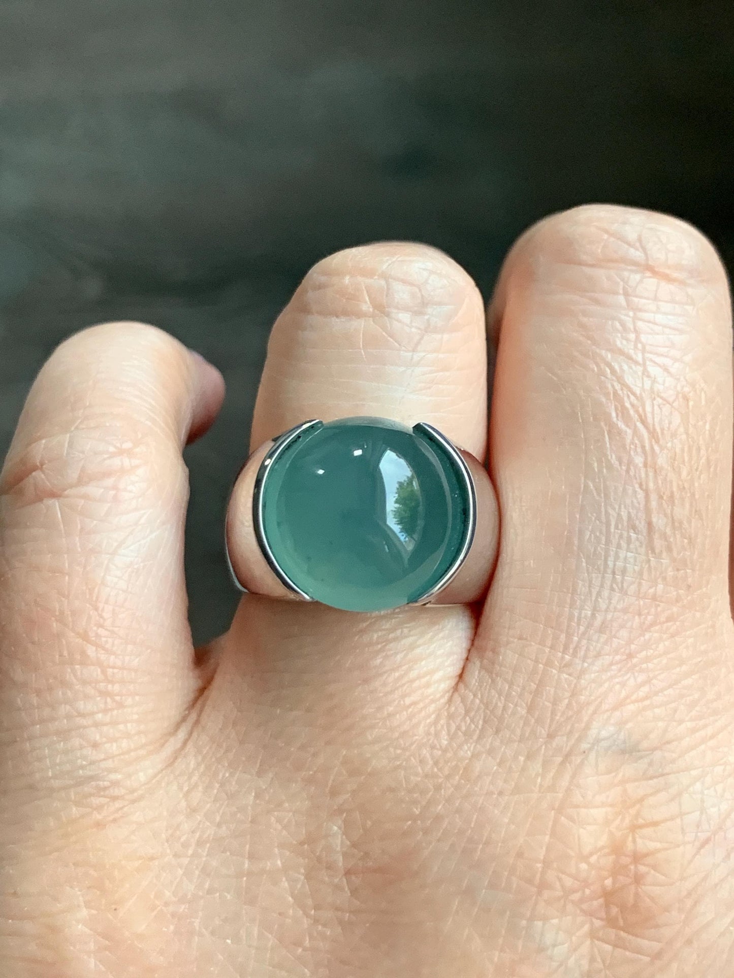 Certified Natural Guatemalan Icy Highly Translucent Teal Blue Jadeite Round Cabochon Solitaire Ring Sterling Silver size 7 天然冰危蓝水翡翠蛋面戒指 3617