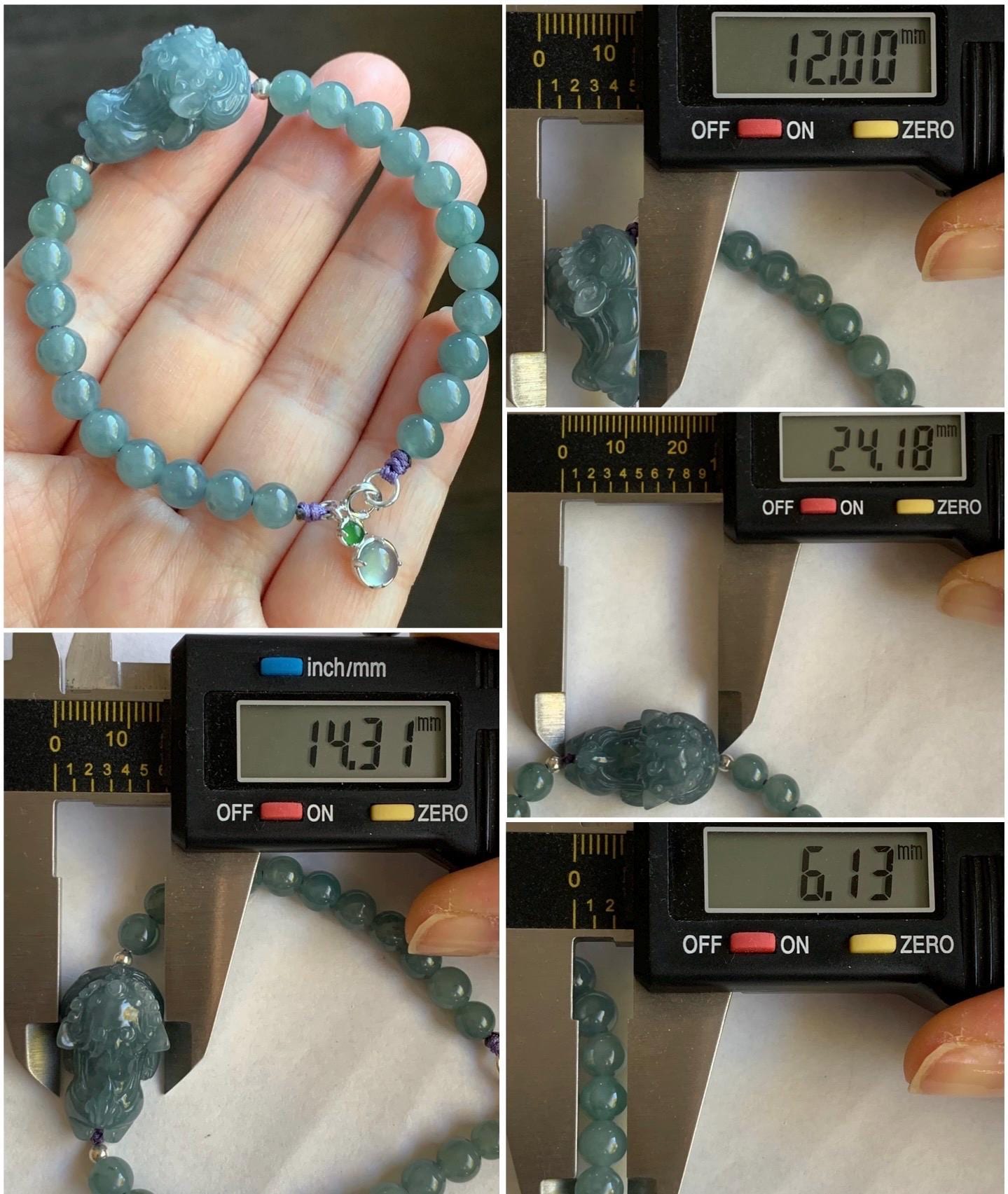 Natural Guatemalan Icy Translucent Light Dusty Blue Jadeite Carved Dancing Lion Beaded Bracelet Sterling Silver 6.75” 天然冰胶危浅蓝翡翠精工摆烂小醒狮手串
