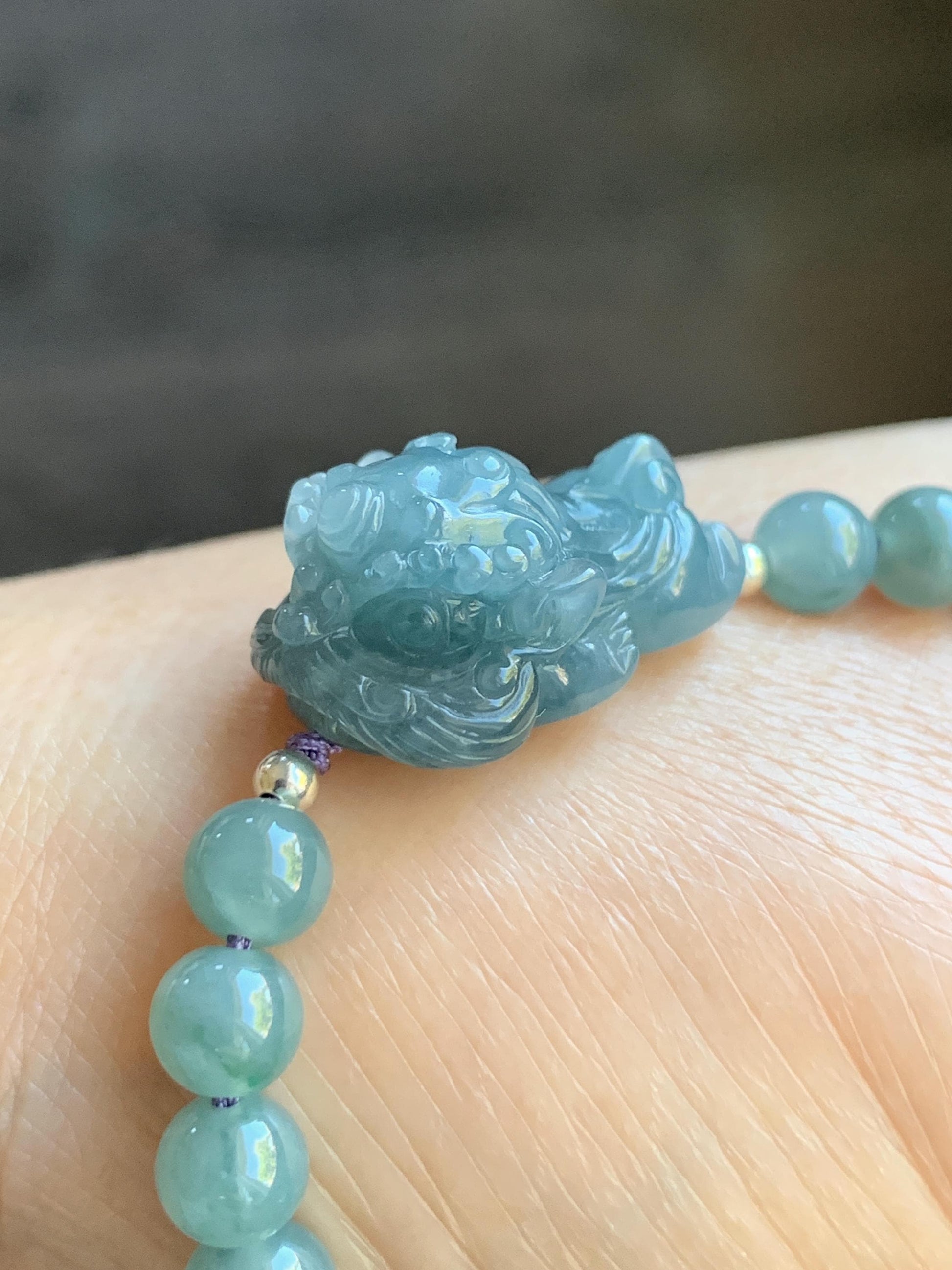 Natural Guatemalan Icy Translucent Light Dusty Blue Jadeite Carved Dancing Lion Beaded Bracelet Sterling Silver 6.75” 天然冰胶危浅蓝翡翠精工摆烂小醒狮手串