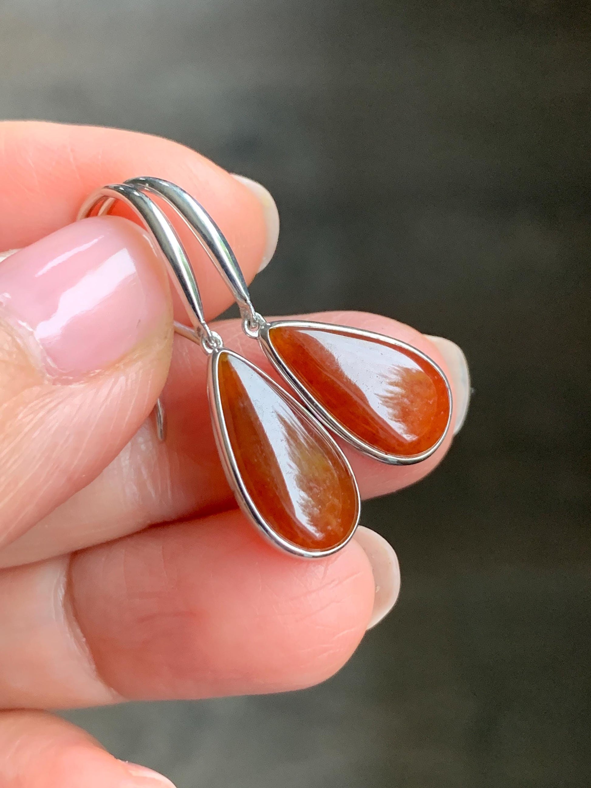 Certified Natural Burmese Icy Highly Translucent Cognac Red Jadeite Teardrop Dangle Earrings Sterling Silver 2.29g 天然缅甸冰红翡翠水滴蛋面镶嵌耳钩 3045