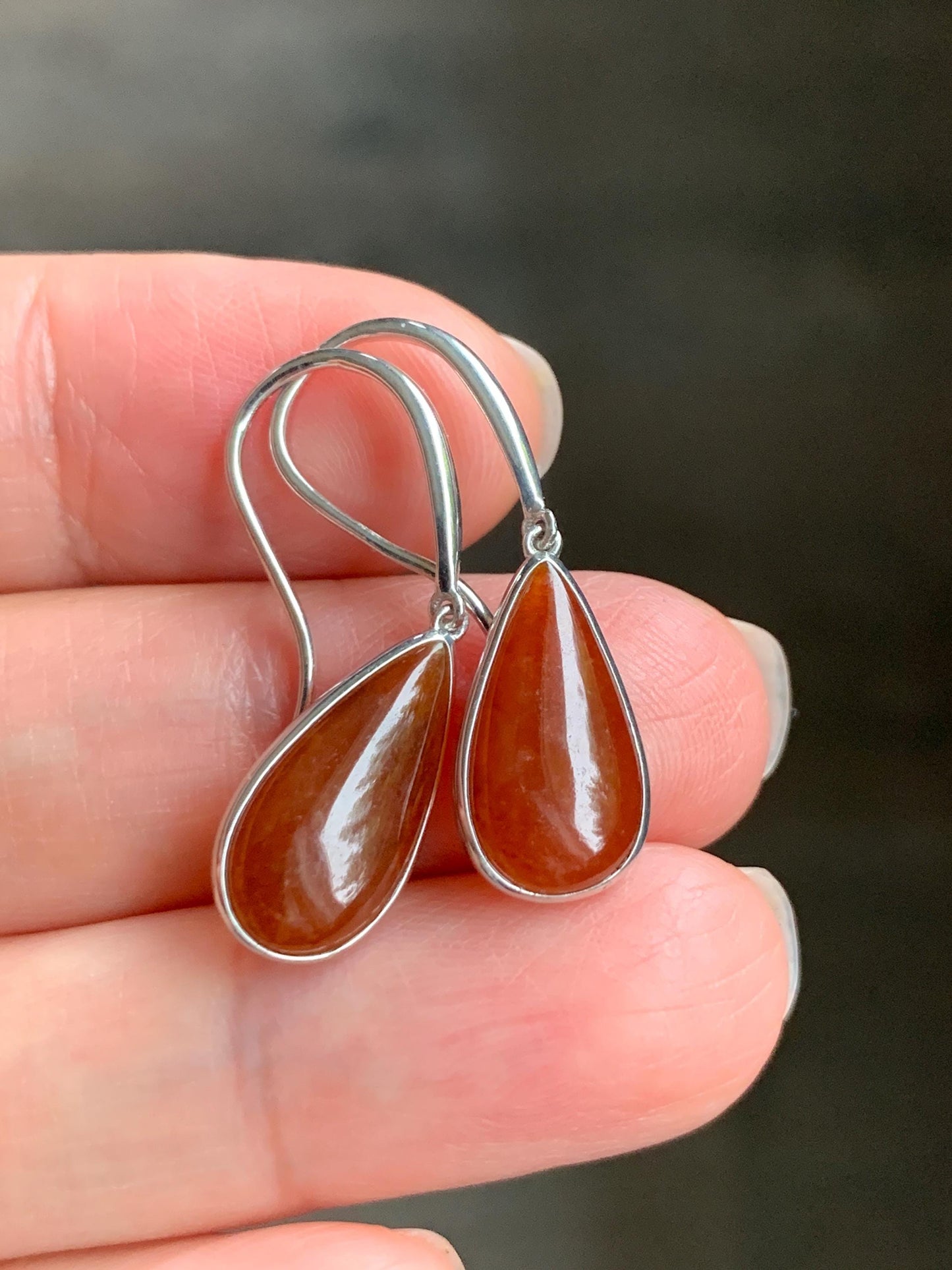 Certified Natural Burmese Icy Highly Translucent Cognac Red Jadeite Teardrop Dangle Earrings Sterling Silver 2.29g 天然缅甸冰红翡翠水滴蛋面镶嵌耳钩 3045