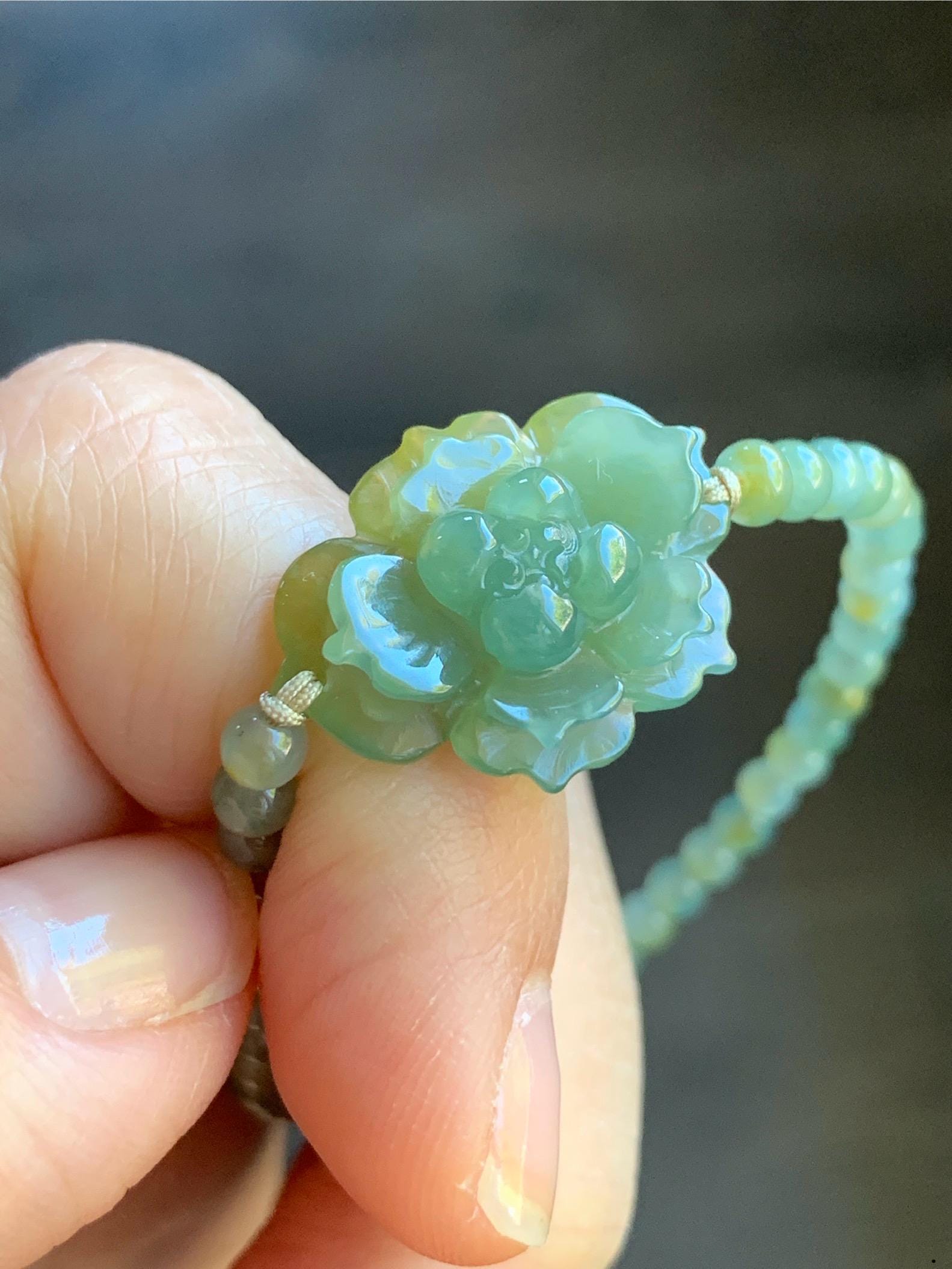 Natural Guatemalan Icy Translucent Yellow Dusty Teal Blue Marbled Jadeite Lotus Flower Petite Beads Beaded Bracelet 6.75” 7g 天然冰危黄加蓝翡翠莲花圆珠手串