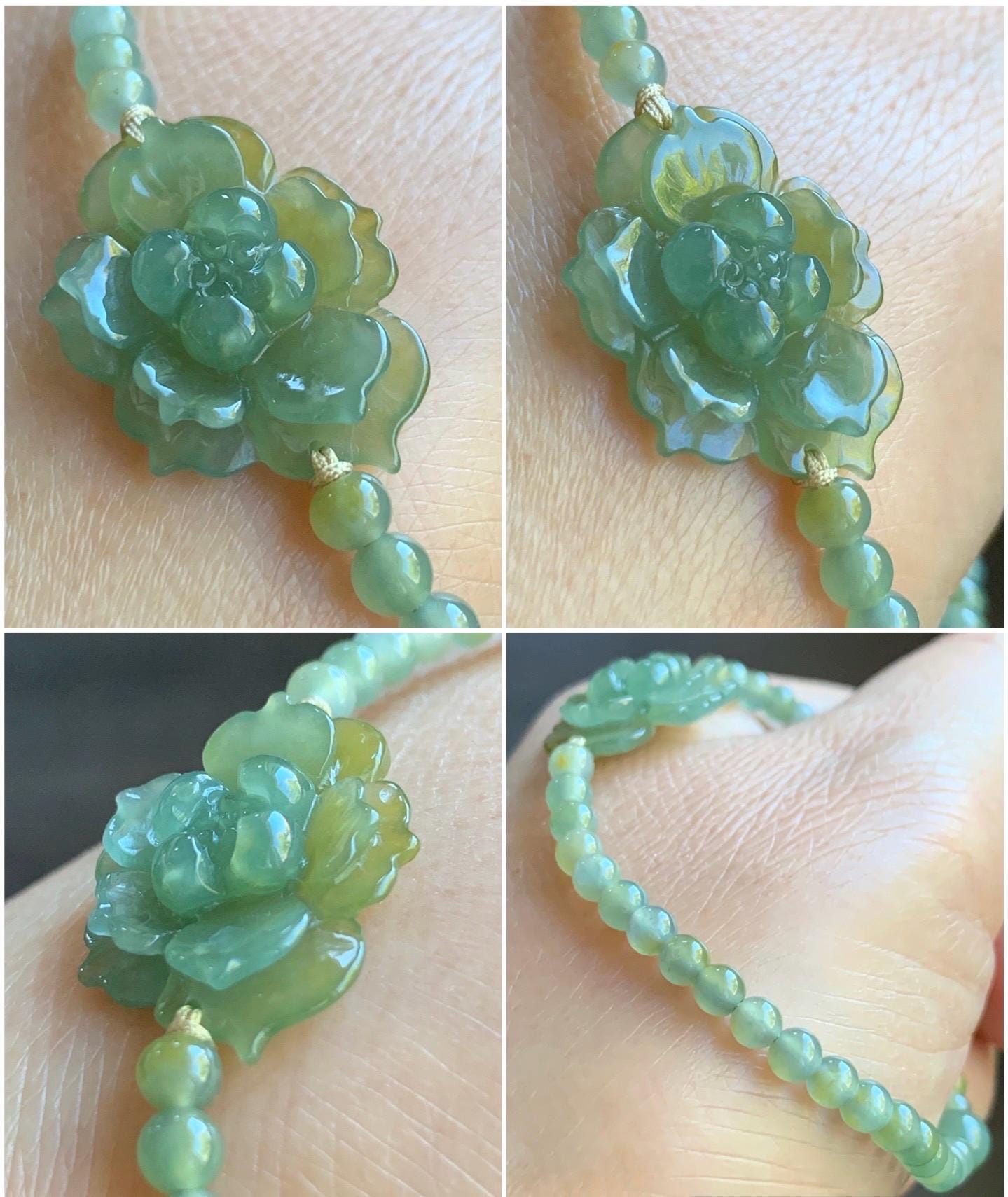 Natural Guatemalan Icy Translucent Yellow Dusty Teal Blue Marbled Jadeite Lotus Flower Petite Beads Beaded Bracelet 6.75” 7g 天然冰危黄加蓝翡翠莲花圆珠手串