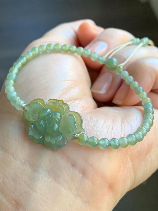 Natural Guatemalan Icy Translucent Yellow Dusty Teal Blue Marbled Jadeite Lotus Flower Petite Beads Beaded Bracelet 6.75” 7g 天然冰危黄加蓝翡翠莲花圆珠手串