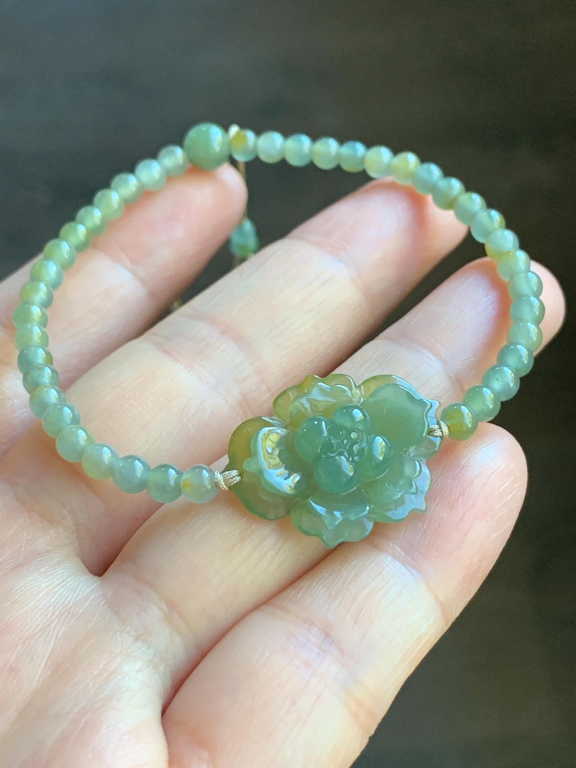 Natural Guatemalan Icy Translucent Yellow Dusty Teal Blue Marbled Jadeite Lotus Flower Petite Beads Beaded Bracelet 6.75” 7g 天然冰危黄加蓝翡翠莲花圆珠手串