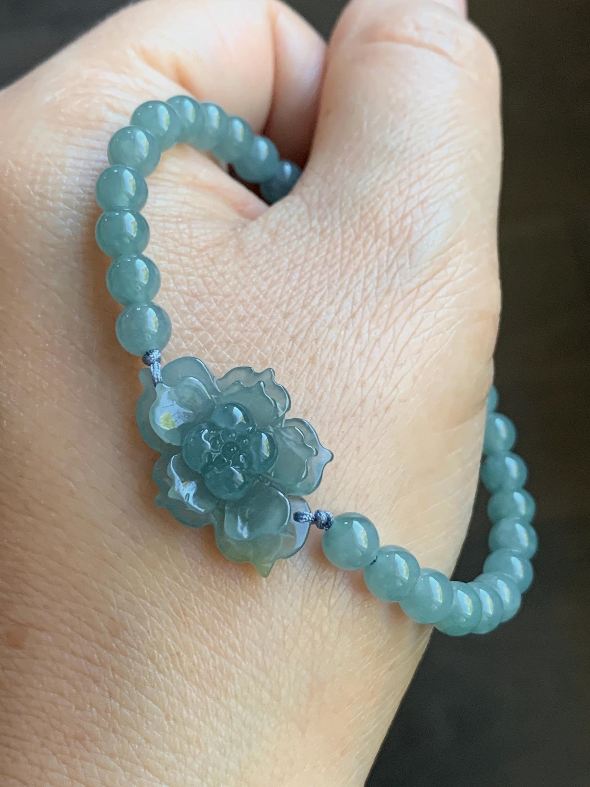 Certified Natural Burmese Icy Translucent Gelatinous Teal Blue Yellow Marbled Jadeite Lotus Flower Beaded Bracelet 7” 12g 天然冰危蓝翡翠莲花圆珠手串