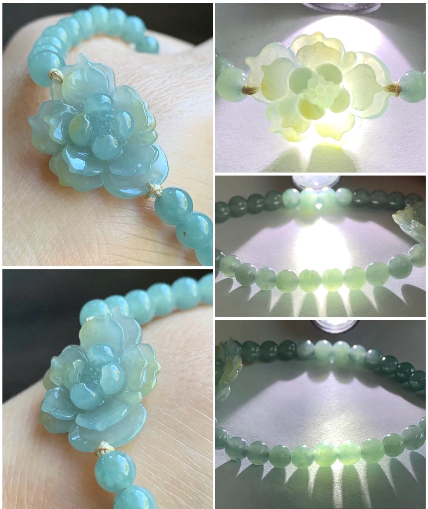Natural Guatemalan Icy Translucent Gelatinous Light Dusty Blue Yellow Marbled Jadeite Lotus Flower Beaded Bracelet 6.75” 天然冰危淡蓝加黄翡翠莲花淡蓝珠手串