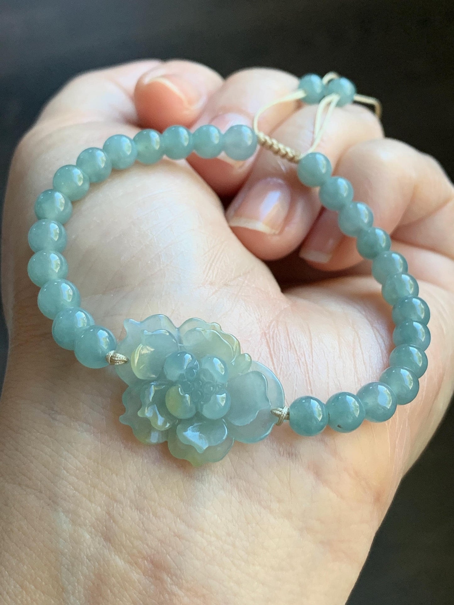 Natural Guatemalan Icy Translucent Gelatinous Light Dusty Blue Yellow Marbled Jadeite Lotus Flower Beaded Bracelet 6.75” 天然冰危淡蓝加黄翡翠莲花淡蓝珠手串