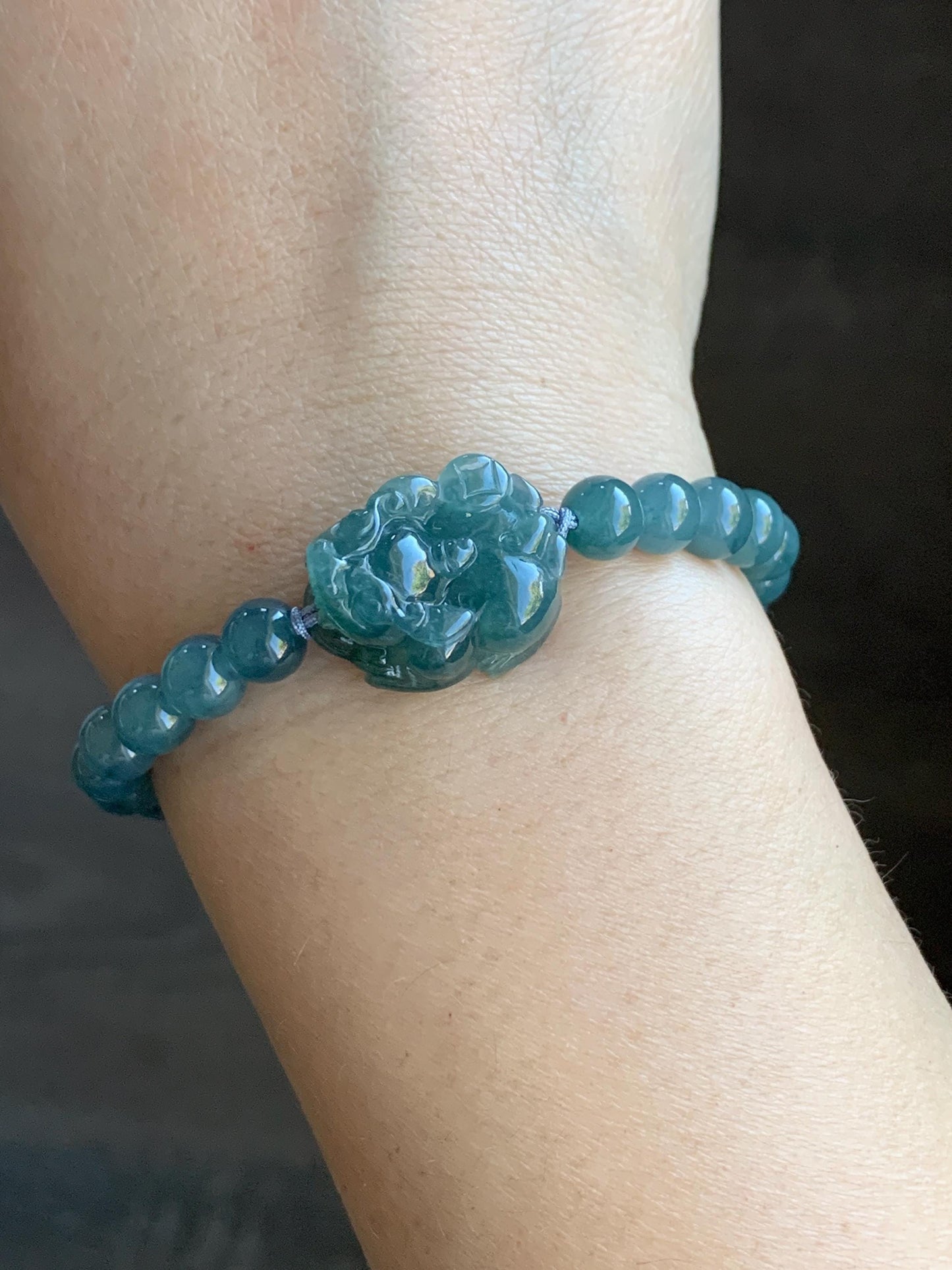 Natural Guatemalan Icy Translucent Gelatinous Dark Teal Green Teal Blue Jadeite Pixiu Beaded Bracelet 6.5mm 6.75” 16g 天然冰危蓝翡翠貔貅圆珠手串