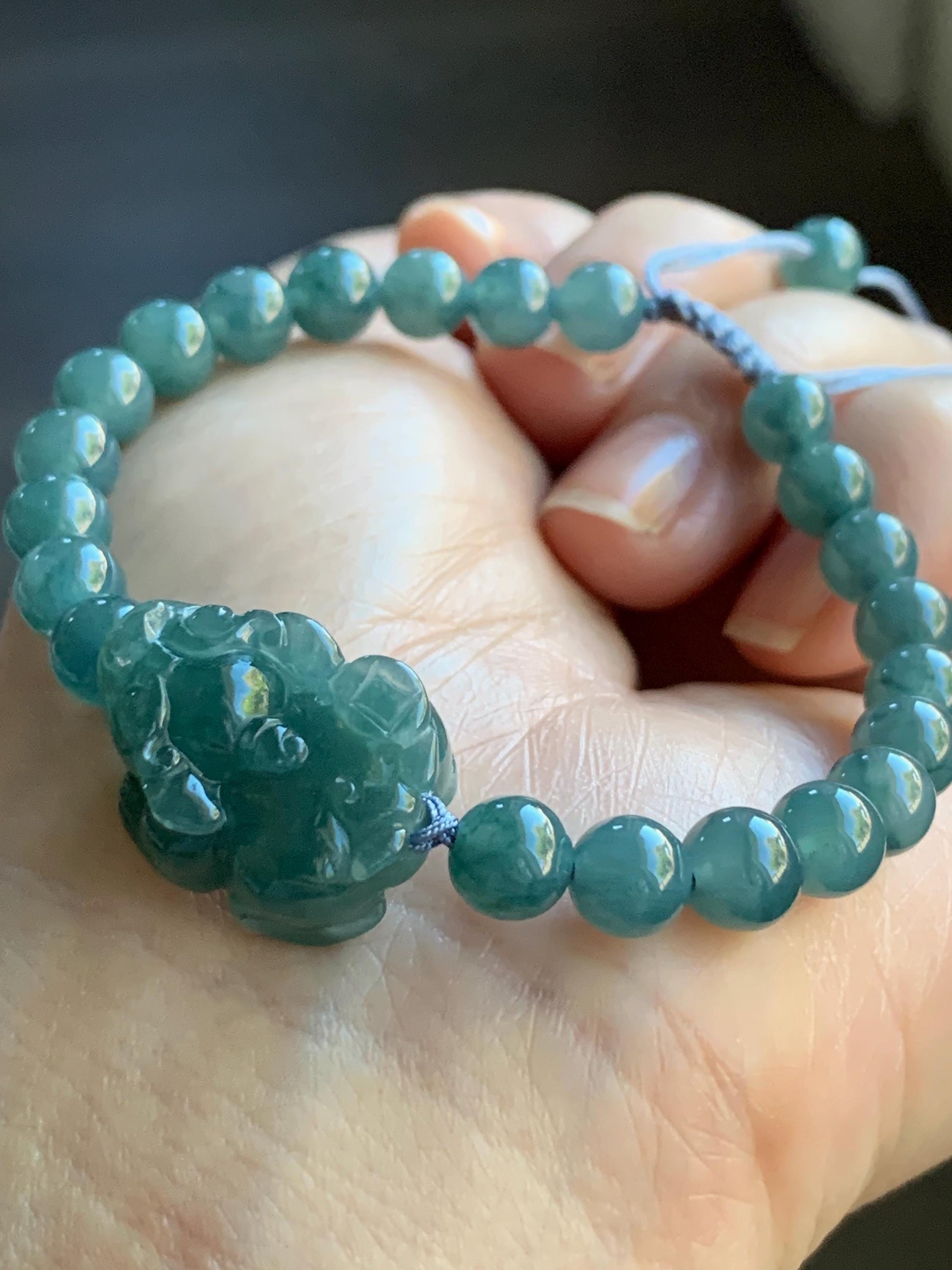 Natural Guatemalan Icy Translucent Gelatinous Dark Teal Green Teal Blue Jadeite Pixiu Beaded Bracelet 6.5mm 6.75” 16g 天然冰危蓝翡翠貔貅圆珠手串