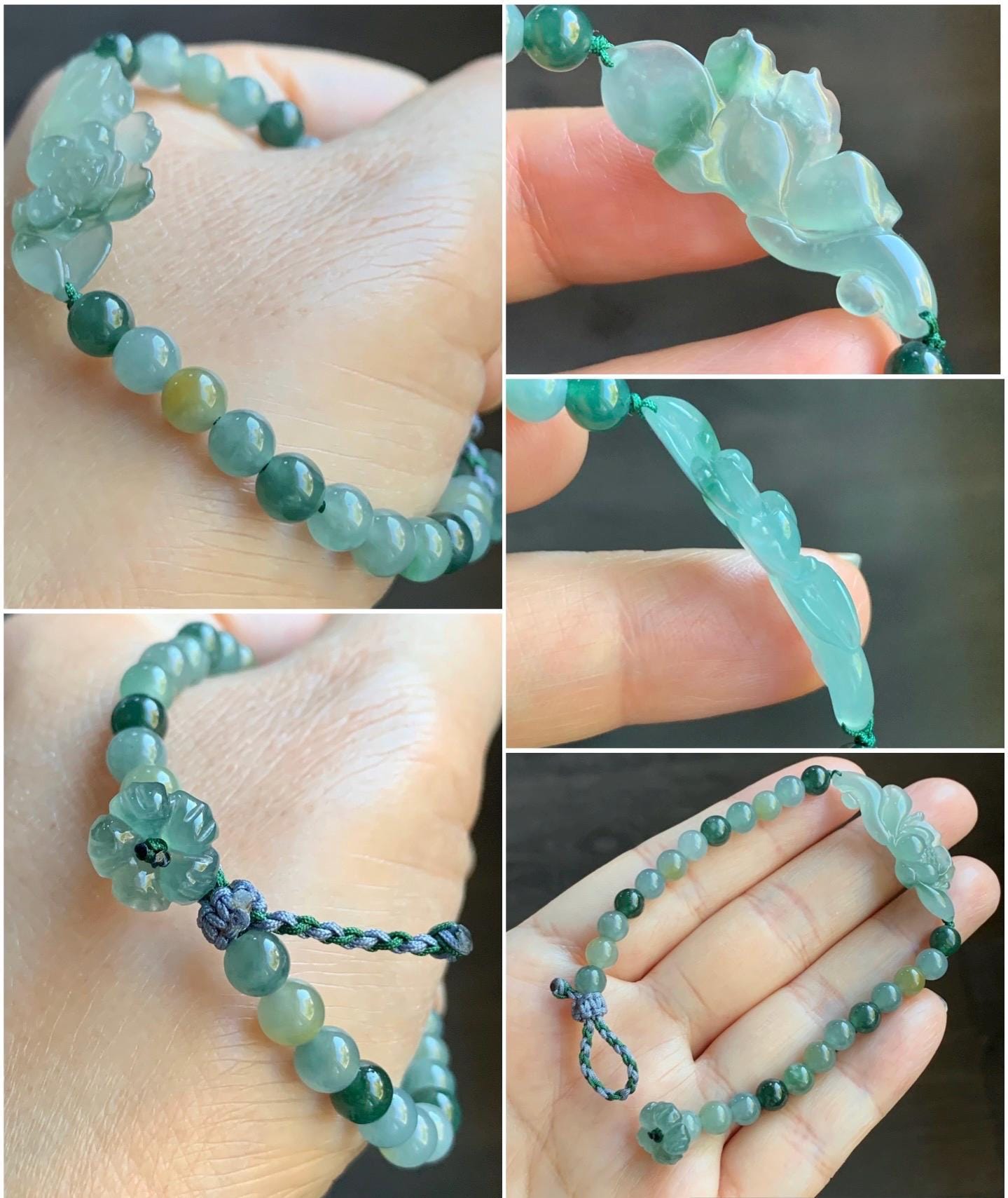 Natural Guatemalan Icy Highly Translucent Light Teal Green Jadeite Lotus Flower Multicolored Beads Beaded Bracelet 6.75” 9g 天然冰危晴色翡翠莲花多宝珠手串