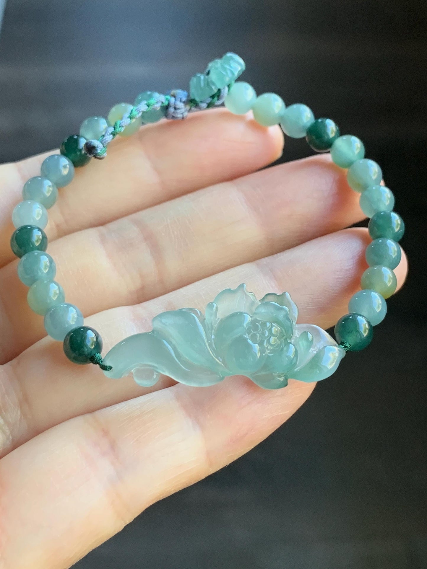 Natural Guatemalan Icy Highly Translucent Light Teal Green Jadeite Lotus Flower Multicolored Beads Beaded Bracelet 6.75” 9g 天然冰危晴色翡翠莲花多宝珠手串