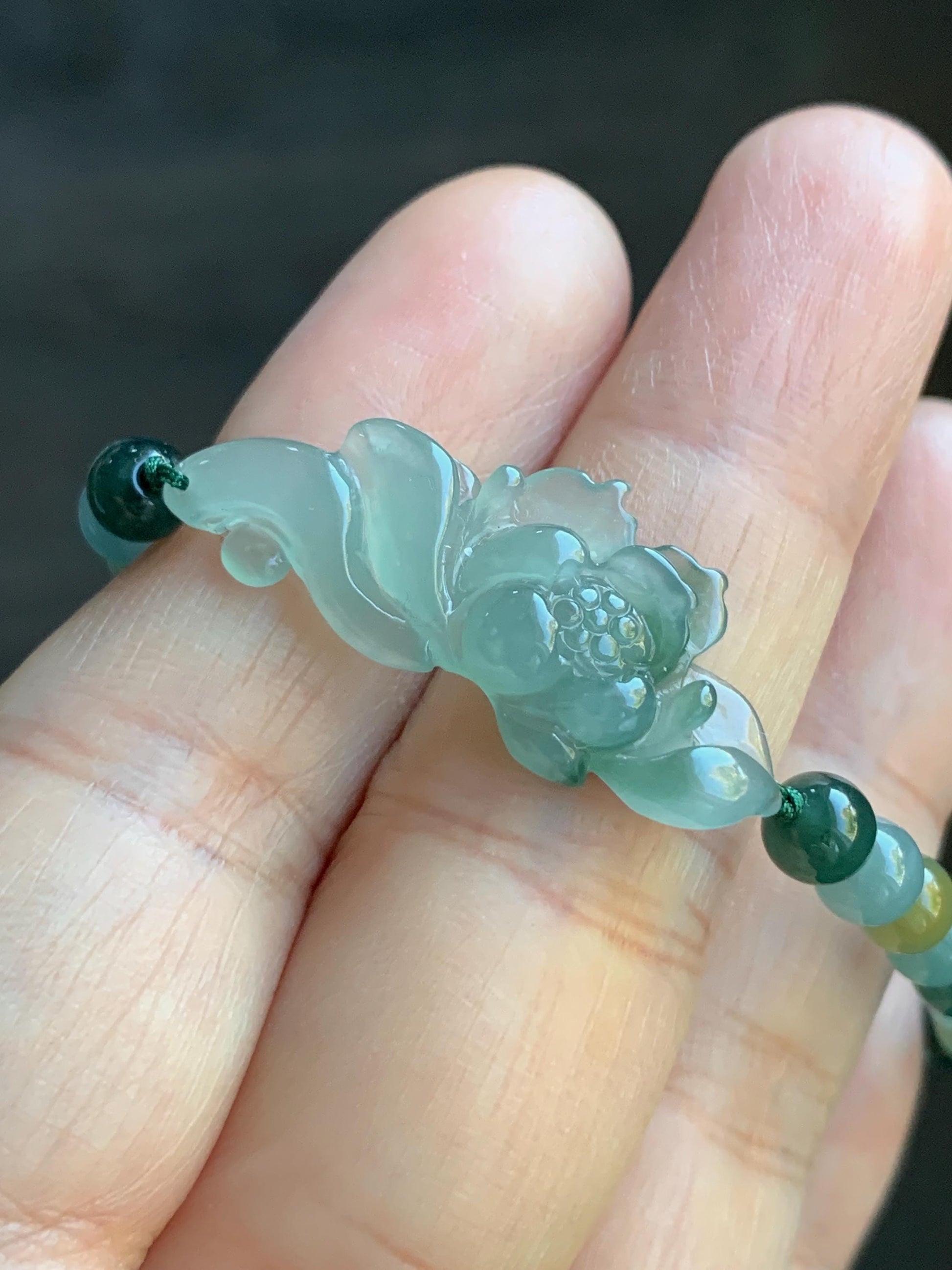 Natural Guatemalan Icy Highly Translucent Light Teal Green Jadeite Lotus Flower Multicolored Beads Beaded Bracelet 6.75” 9g 天然冰危晴色翡翠莲花多宝珠手串