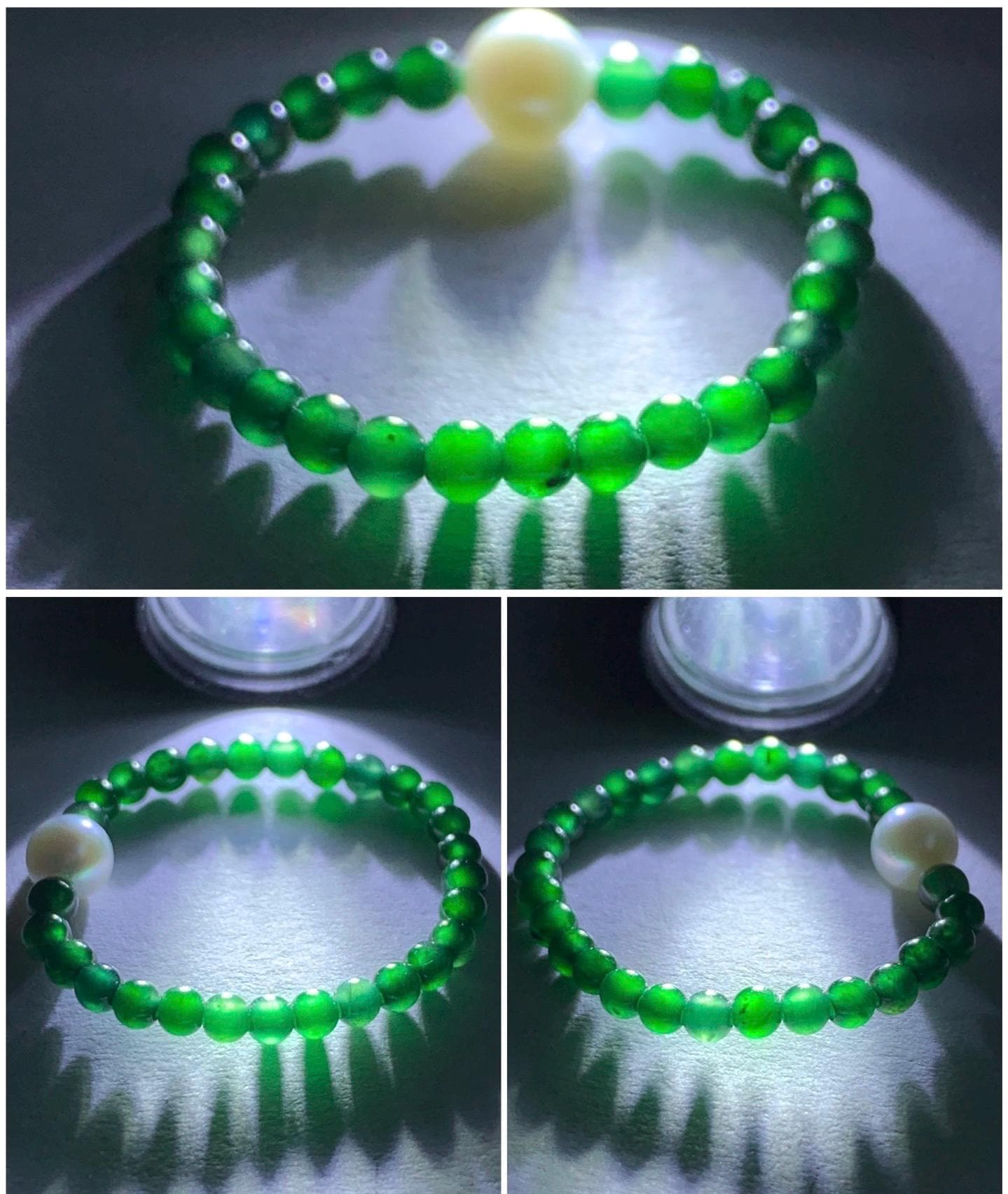 Natural Guatemalan Icy Translucent Vibrant Green Jadeite Petite Beads Natural Akoya Pearl Beaded Band Ring Size 8.5 US 天然冰危绿翡翠小珠天然日本海水珍珠戒圈