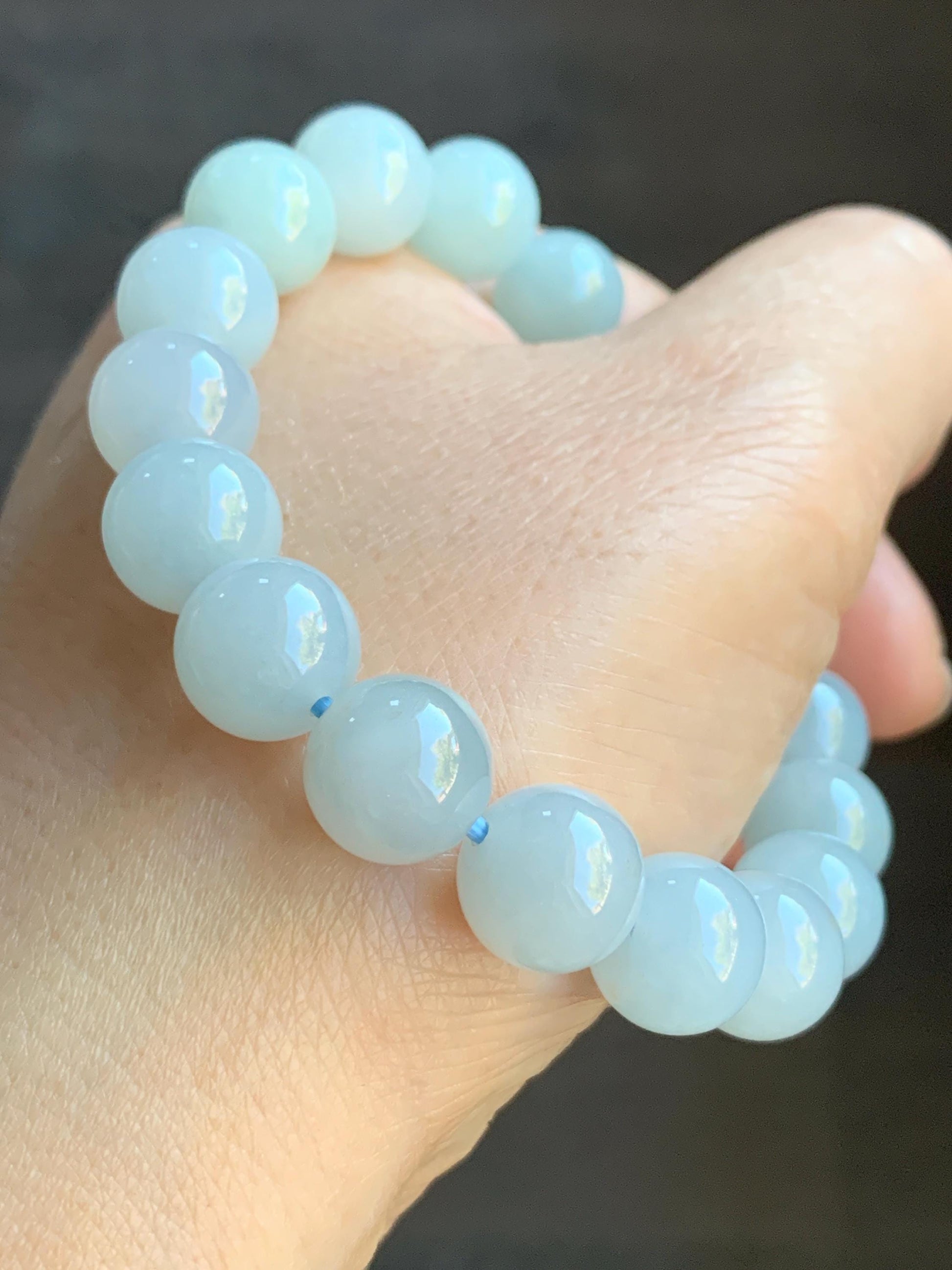 Certified Natural Burmese Icy Translucent Pale Blue Jadeite Large Beads Beaded Bracelet Stretchy 10.9mm 7.25” 40.79 天然缅甸冰胶淡蓝翡翠大卡手串 3008
