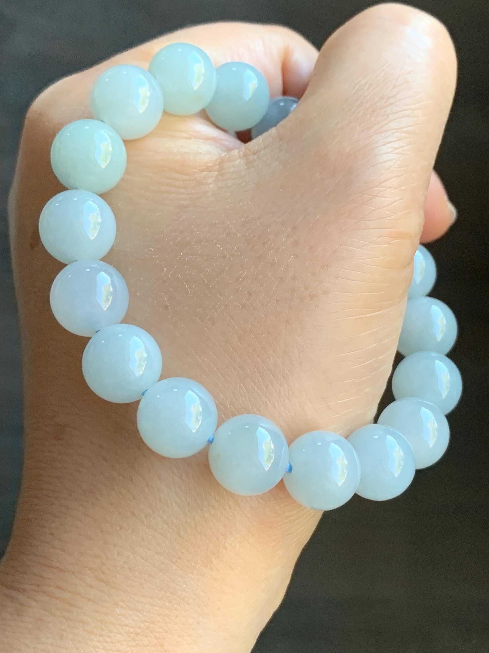 Certified Natural Burmese Icy Translucent Pale Blue Jadeite Large Beads Beaded Bracelet Stretchy 10.9mm 7.25” 40.79 天然缅甸冰胶淡蓝翡翠大卡手串 3008