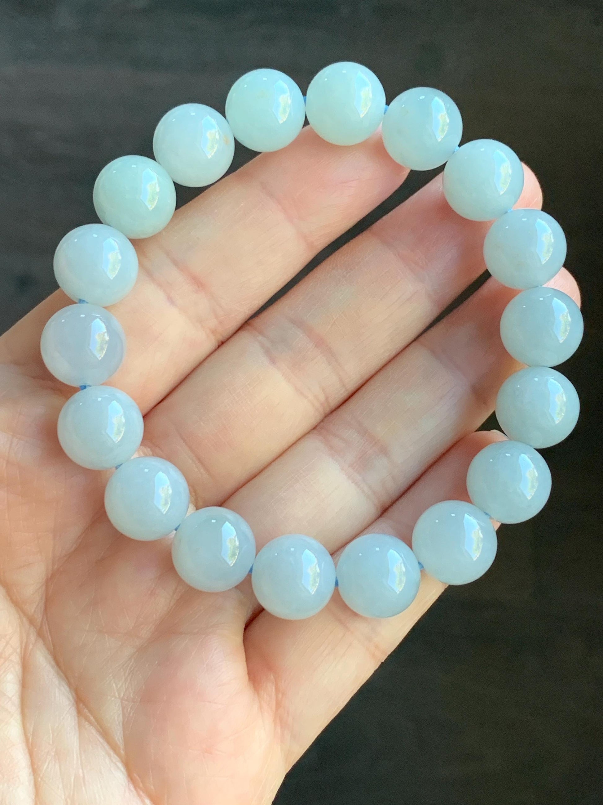 Certified Natural Burmese Icy Translucent Pale Blue Jadeite Large Beads Beaded Bracelet Stretchy 10.9mm 7.25” 40.79 天然缅甸冰胶淡蓝翡翠大卡手串 3008
