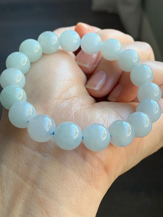 Certified Natural Burmese Icy Translucent Pale Blue Jadeite Large Beads Beaded Bracelet Stretchy 10.9mm 7.25” 40.79 天然缅甸冰胶淡蓝翡翠大卡手串 3008