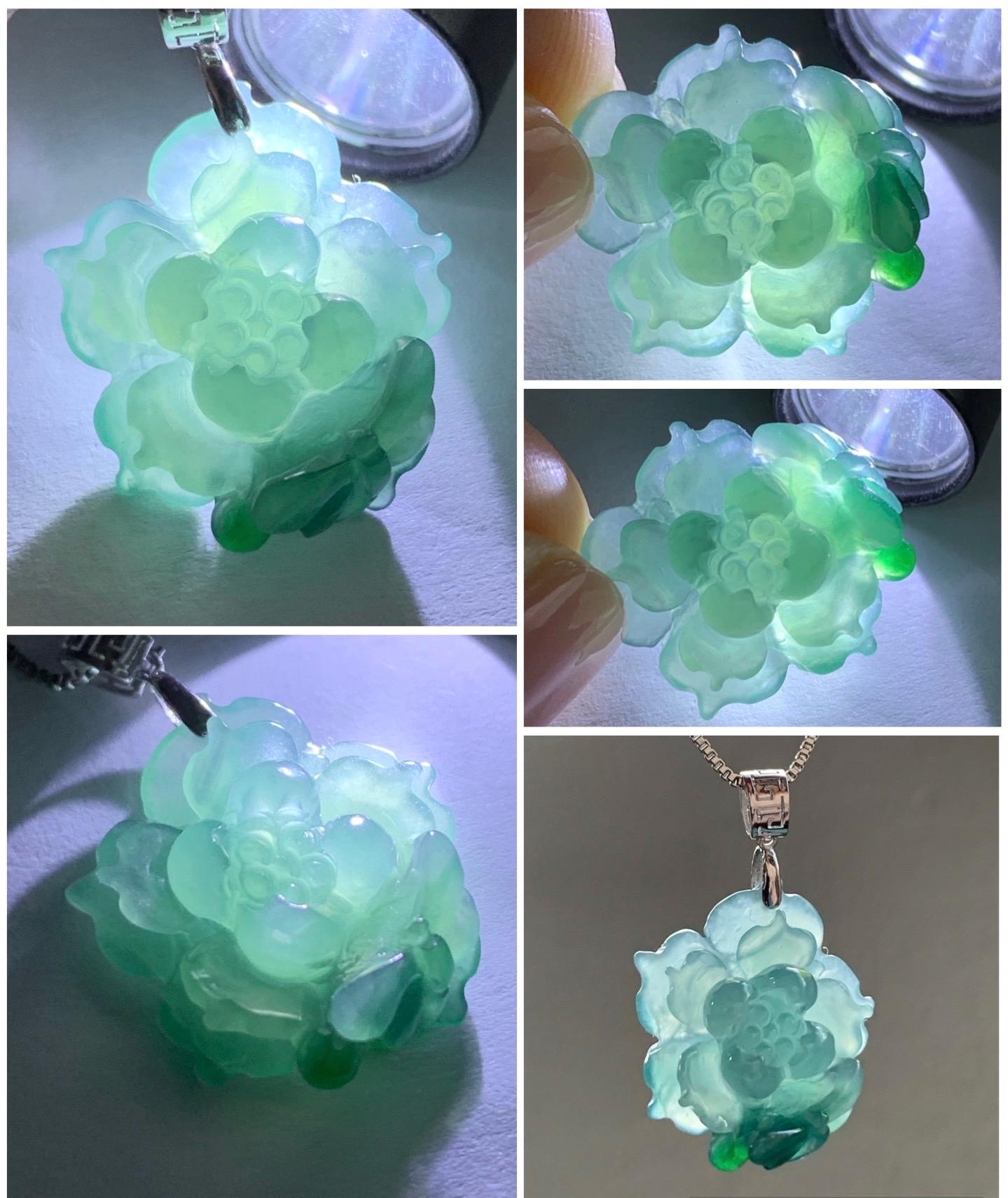 Natural Guatemalan Icy Highly Translucent Two-Tone Teal Blue Jadeite Lotus Flower Dragonfly Pendant 18K White Gold 天然冰危蓝绿翡翠莲花蜻蜓镶嵌吊坠 TTH726S
