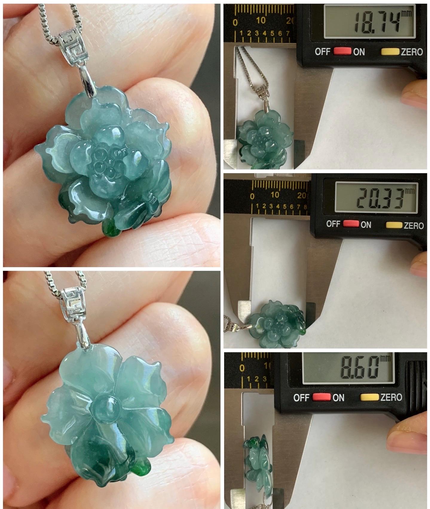 Natural Guatemalan Icy Highly Translucent Two-Tone Teal Blue Jadeite Lotus Flower Dragonfly Pendant 18K White Gold 天然冰危蓝绿翡翠莲花蜻蜓镶嵌吊坠 TTH726S