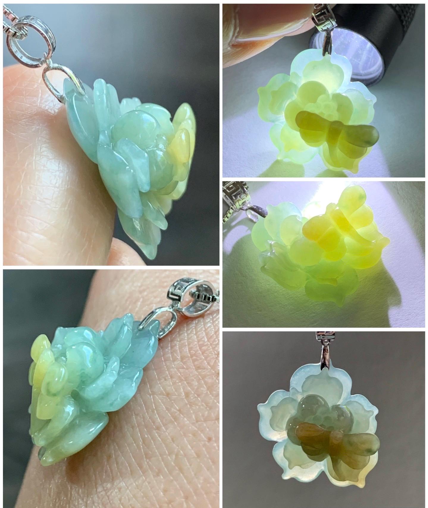 Natural Guatemalan Icy Translucent Light Blue Yellow Marbled Jadeite Lotus Flower Dragonfly Pendant 18K White Gold 天然冰危淡蓝加黄翡翠莲花镶嵌吊坠 TTH726Q