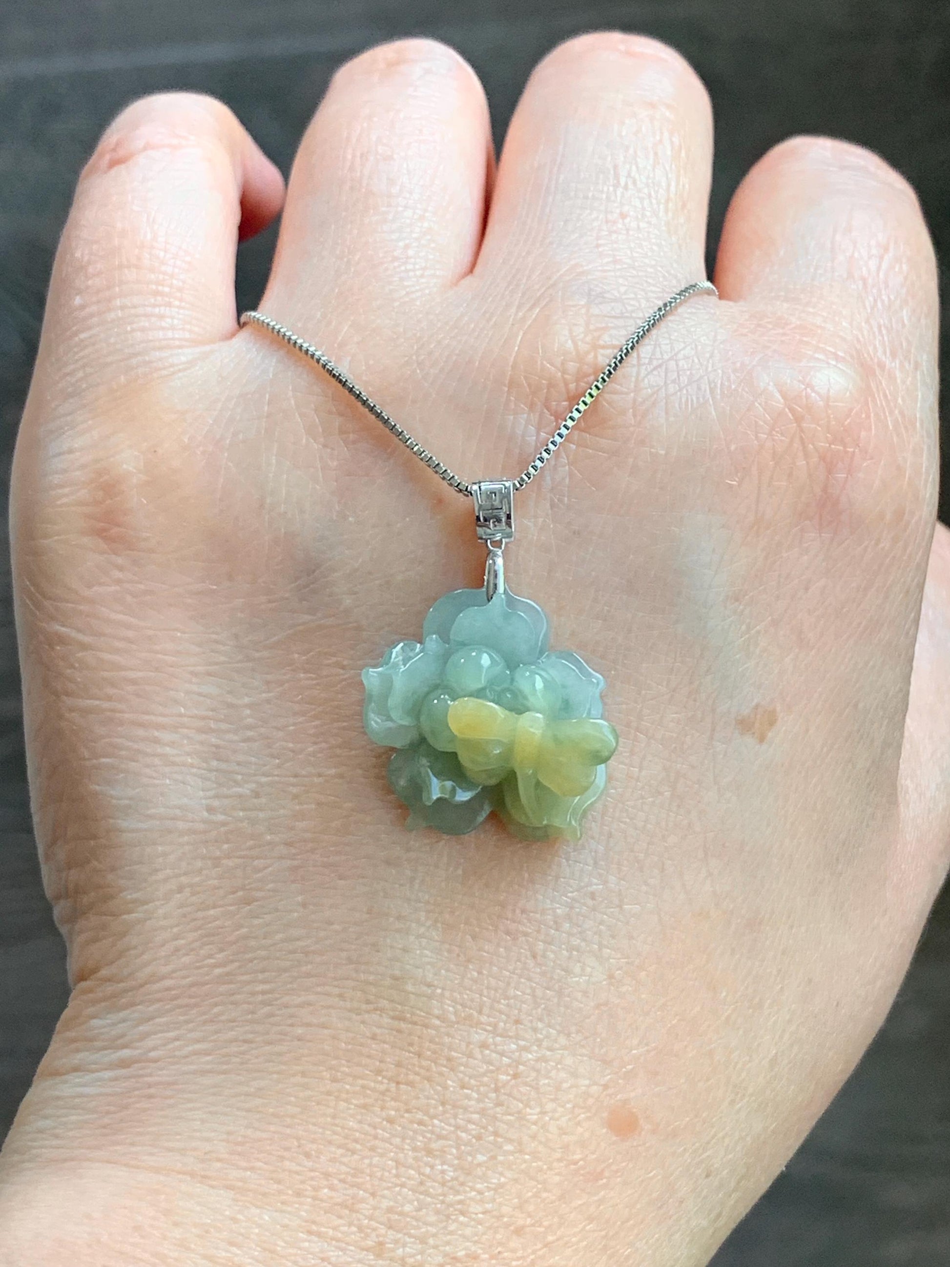 Natural Guatemalan Icy Translucent Light Blue Yellow Marbled Jadeite Lotus Flower Dragonfly Pendant 18K White Gold 天然冰危淡蓝加黄翡翠莲花镶嵌吊坠 TTH726Q