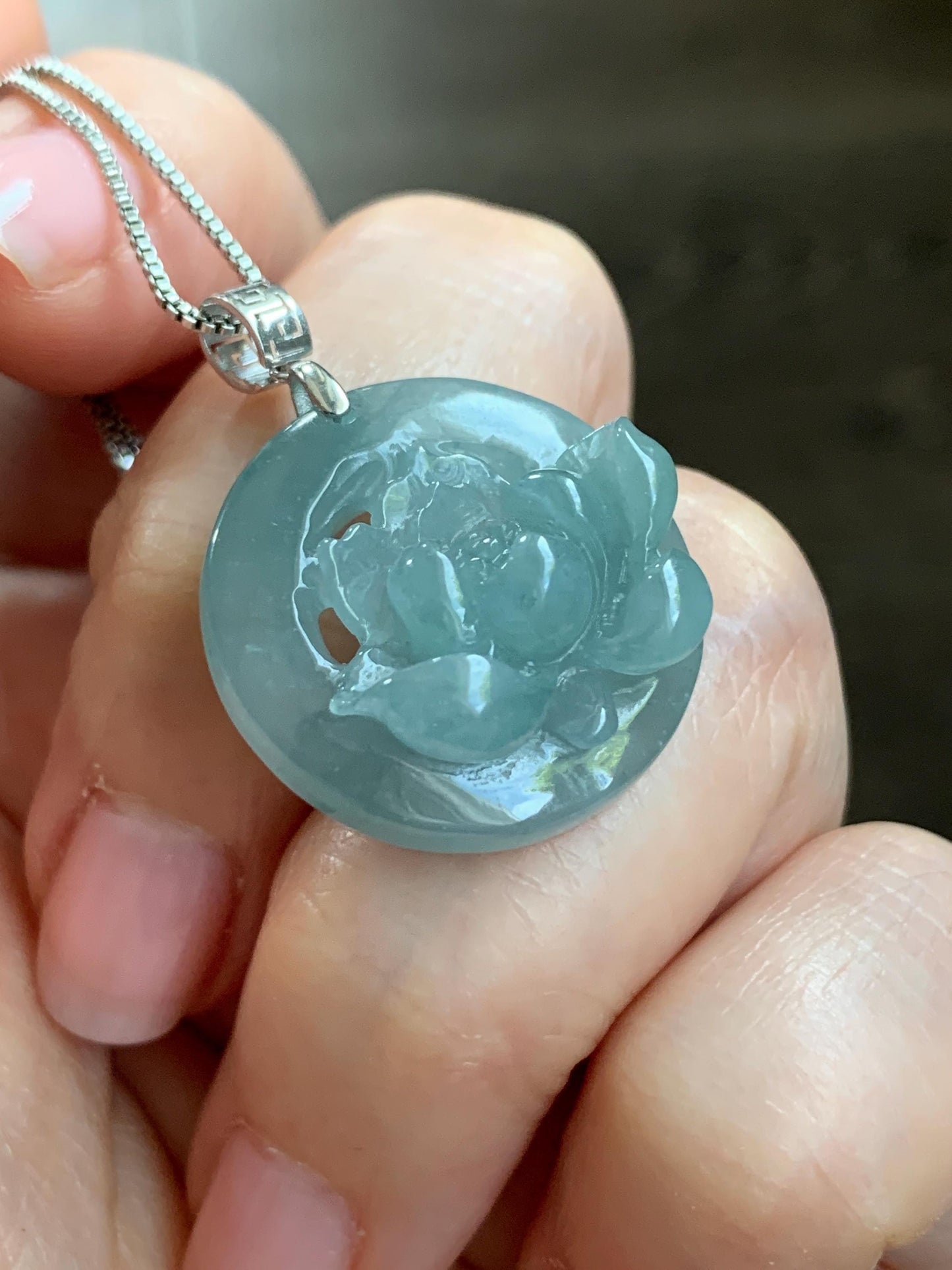 Natural Guatemalan Icy Highly Translucent Light Dusty Blue Jadeite Lotus Flower Circle Pendant 18K White Gold 天然冰危淡蓝翡翠莲花圈镶嵌吊坠 YHH-A