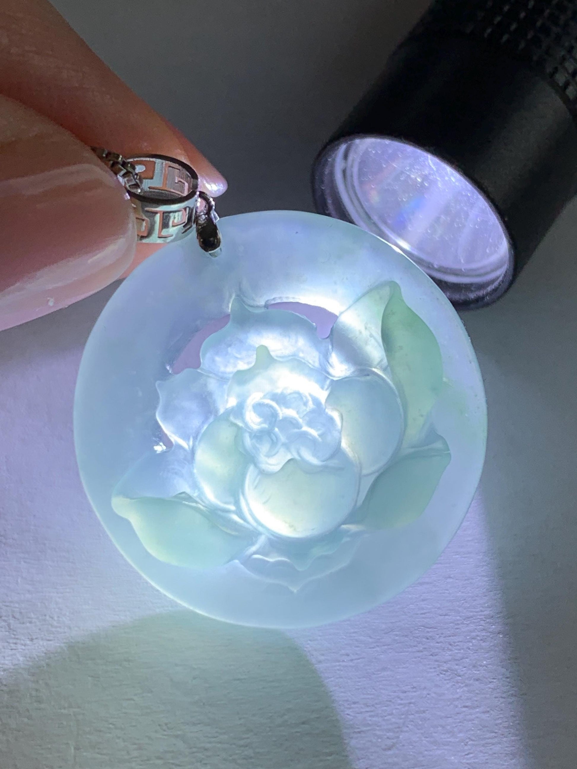 Natural Guatemalan Icy Highly Translucent Light Dusty Blue Jadeite Lotus Flower Circle Pendant 18K White Gold 天然冰危淡蓝翡翠莲花圈镶嵌吊坠 YHH-B