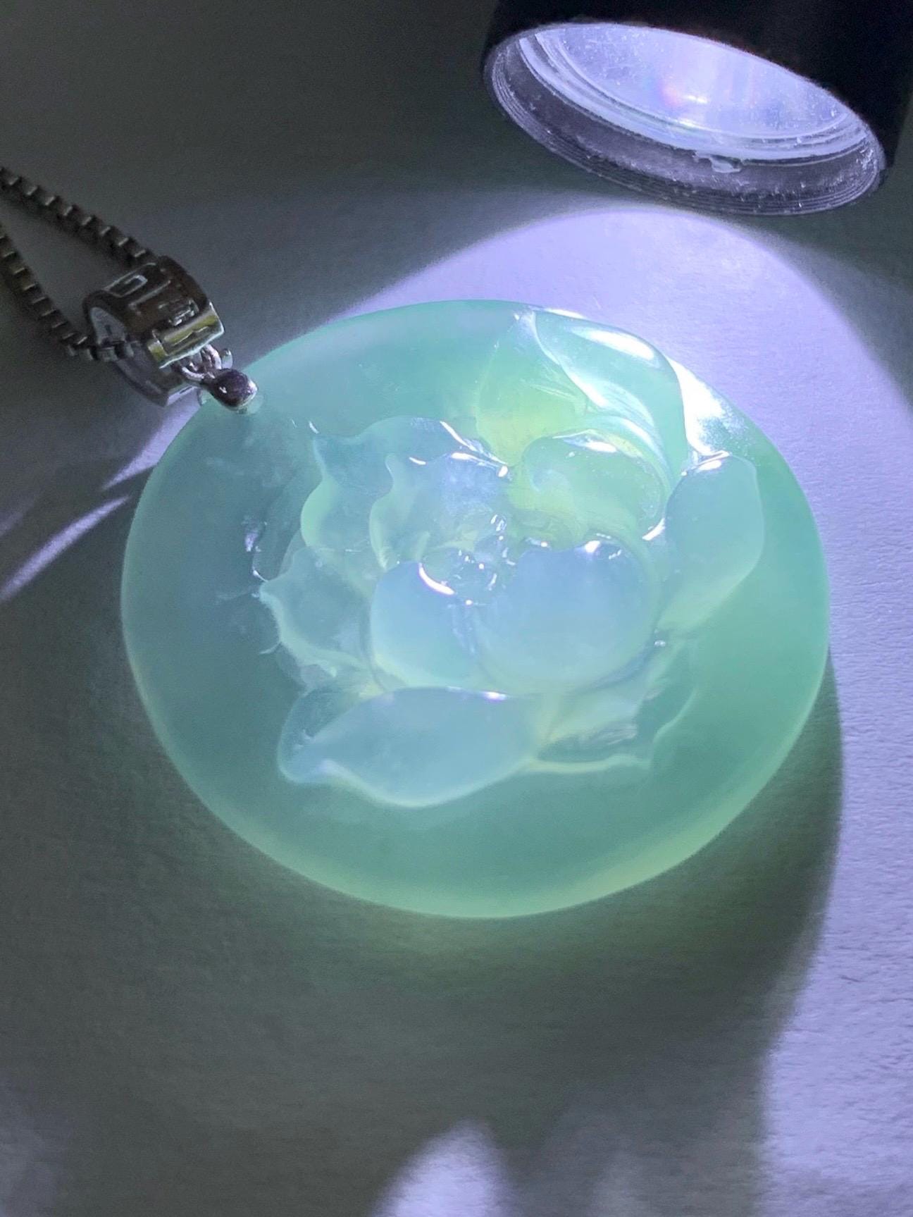 Natural Guatemalan Icy Highly Translucent Light Dusty Blue Jadeite Lotus Flower Circle Pendant 18K White Gold 天然冰危淡蓝翡翠莲花圈镶嵌吊坠 YHH-B