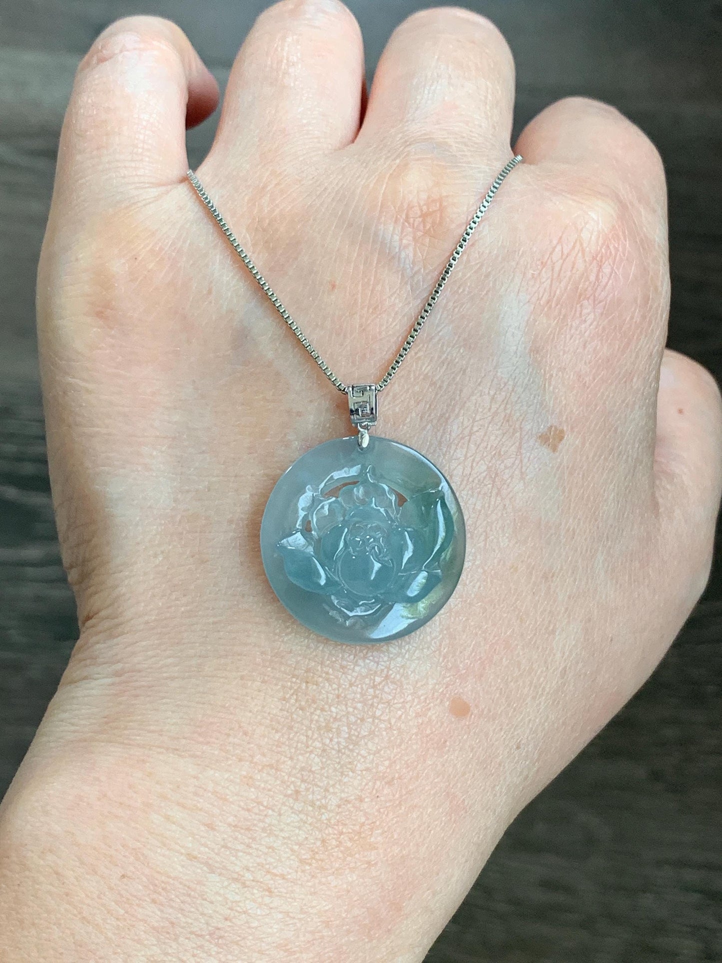 Natural Guatemalan Icy Highly Translucent Light Dusty Blue Jadeite Lotus Flower Circle Pendant 18K White Gold 天然冰危淡蓝翡翠莲花圈镶嵌吊坠 YHH-B