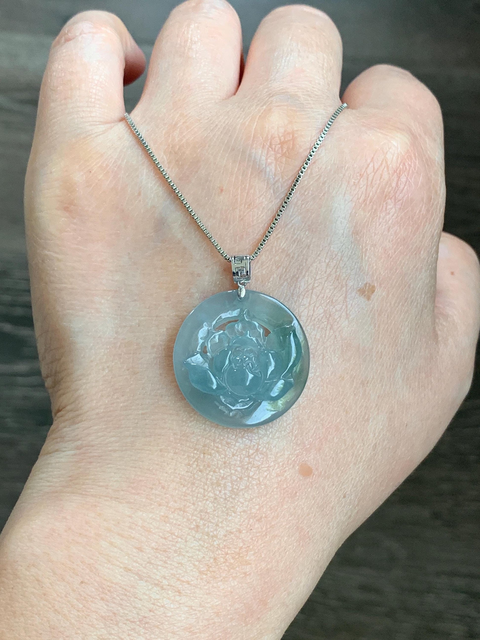 Natural Guatemalan Icy Highly Translucent Light Dusty Blue Jadeite Lotus Flower Circle Pendant 18K White Gold 天然冰危淡蓝翡翠莲花圈镶嵌吊坠 YHH-B