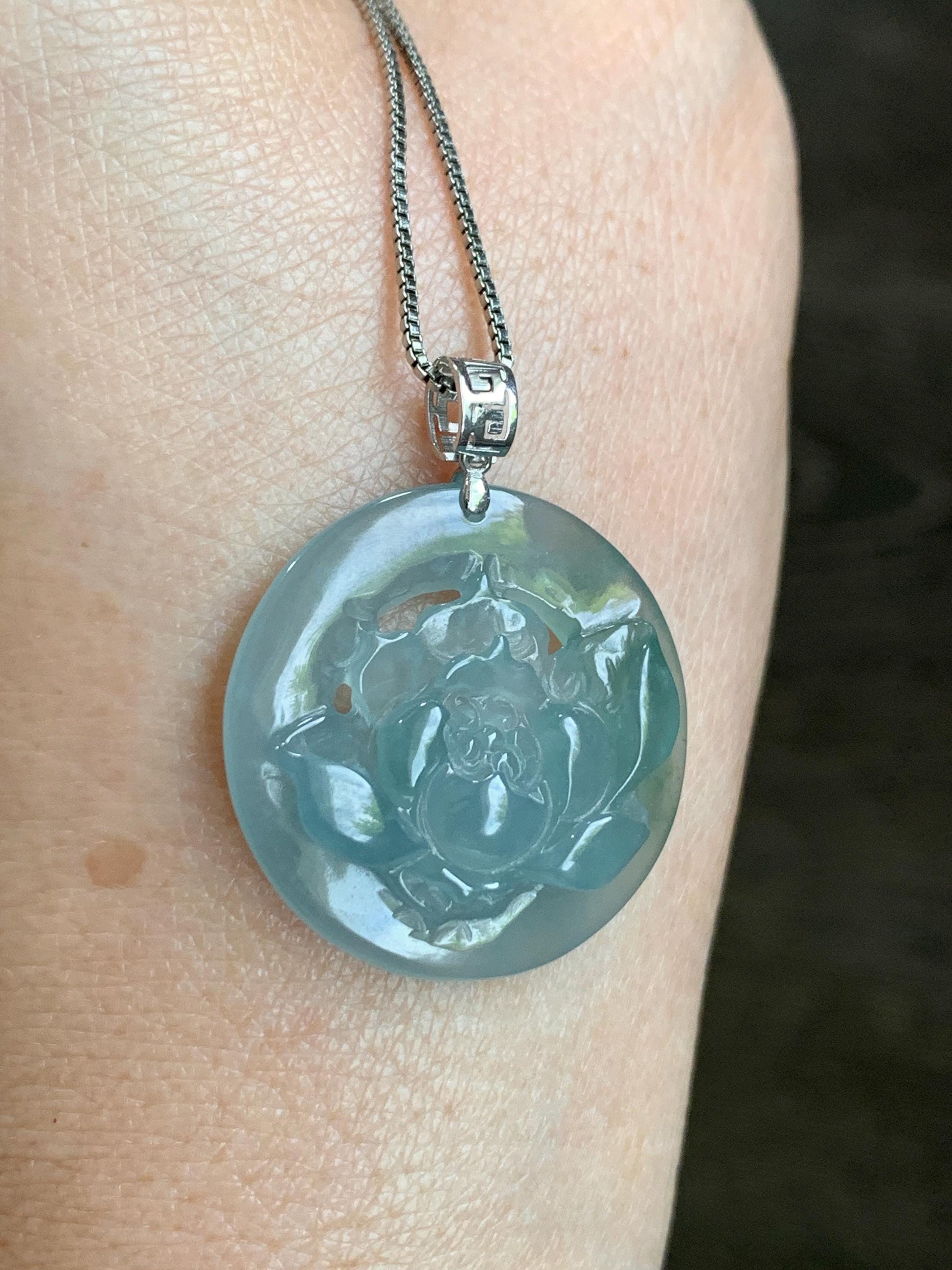 Natural Guatemalan Icy Highly Translucent Light Dusty Blue Jadeite Lotus Flower Circle Pendant 18K White Gold 天然冰危淡蓝翡翠莲花圈镶嵌吊坠 YHH-B