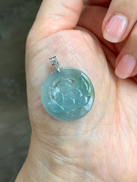 Natural Guatemalan Icy Highly Translucent Light Dusty Blue Jadeite Lotus Flower Circle Pendant 18K White Gold 天然冰危淡蓝翡翠莲花圈镶嵌吊坠 YHH-B