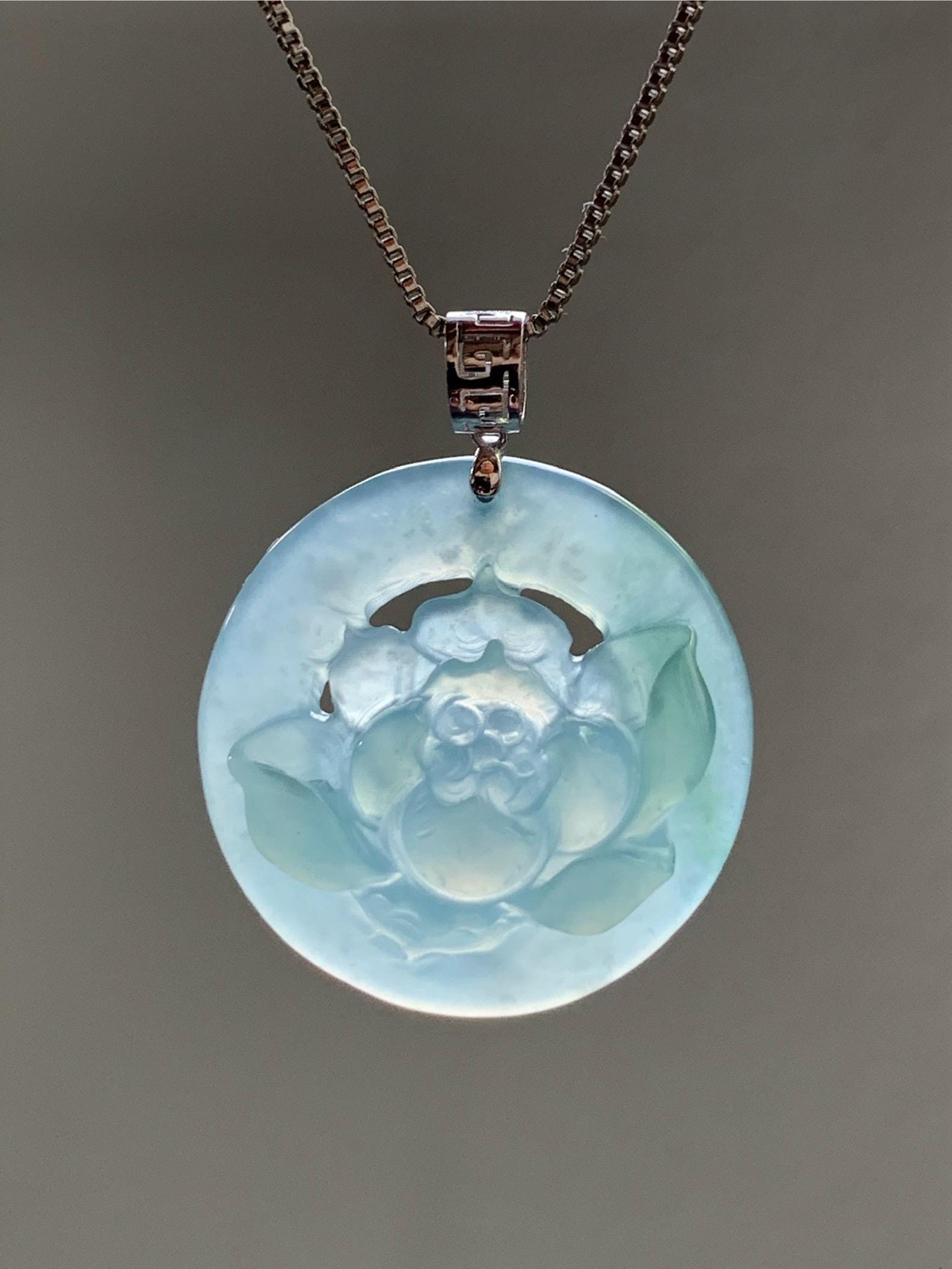 Natural Guatemalan Icy Highly Translucent Light Dusty Blue Jadeite Lotus Flower Circle Pendant 18K White Gold 天然冰危淡蓝翡翠莲花圈镶嵌吊坠 YHH-B