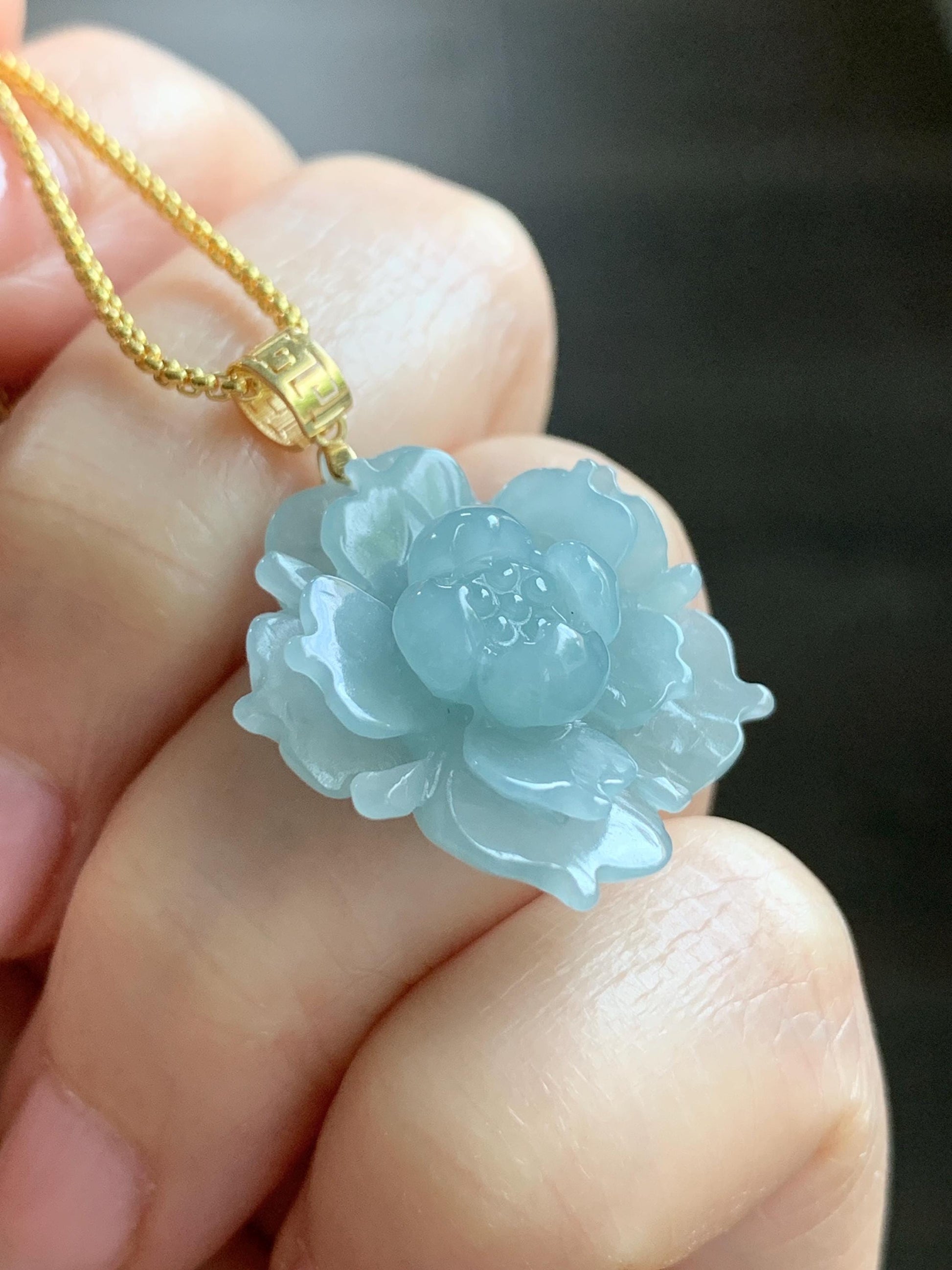 Natural Guatemalan Icy Translucent Light Dusty Blue Jadeite Carved 3D Lotus Flower Pendant 18K Yellow Gold Bail 天然冰危淡蓝翡翠精工雕莲花镶嵌吊坠