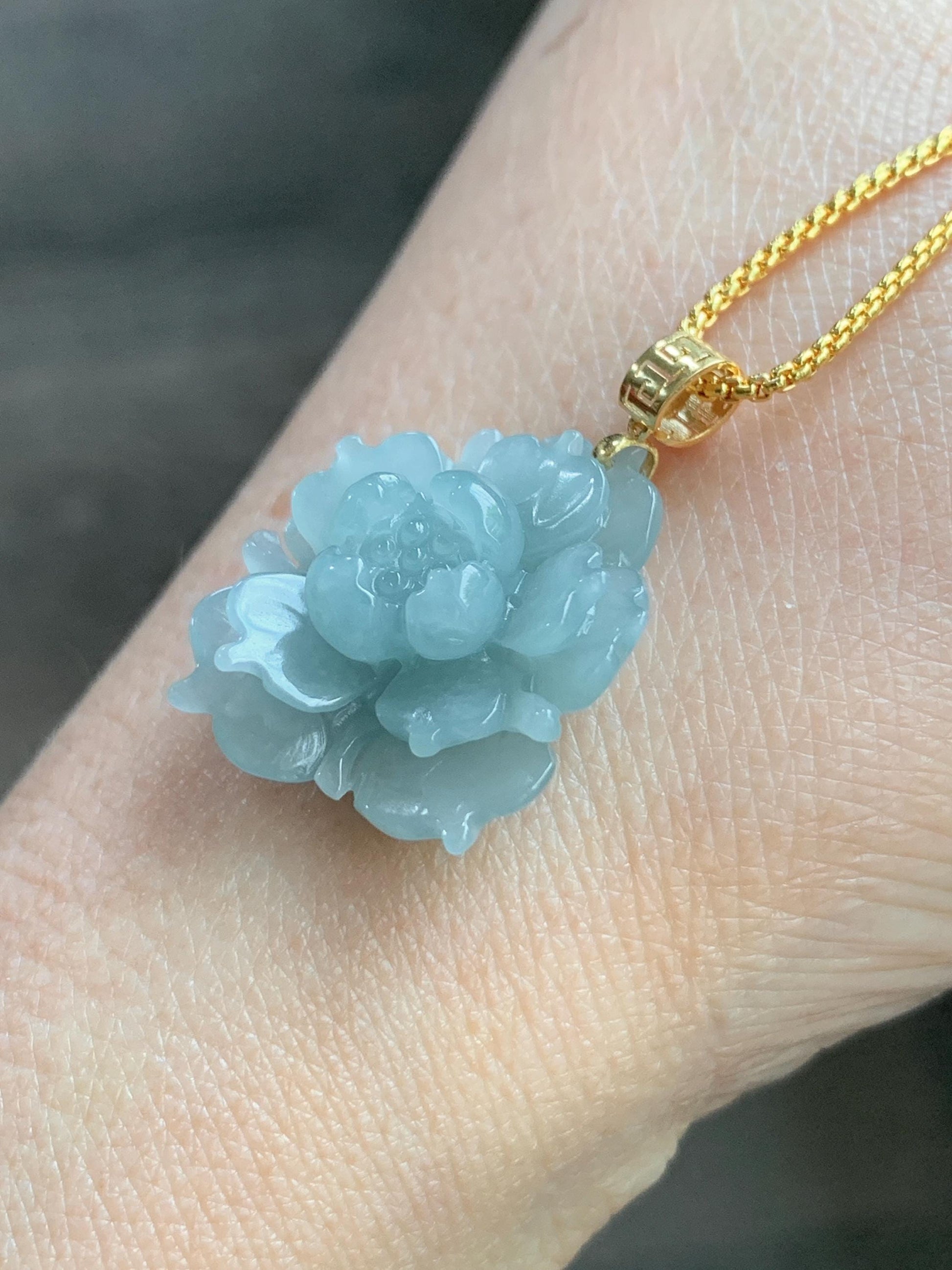 Natural Guatemalan Icy Translucent Light Dusty Blue Jadeite Carved 3D Lotus Flower Pendant 18K Yellow Gold Bail 天然冰危淡蓝翡翠精工雕莲花镶嵌吊坠
