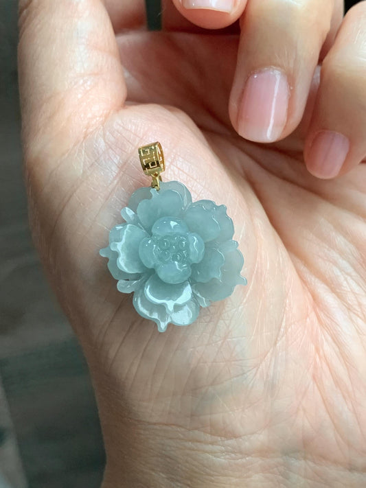 Natural Guatemalan Icy Translucent Light Dusty Blue Jadeite Carved 3D Lotus Flower Pendant 18K Yellow Gold Bail 天然冰危淡蓝翡翠精工雕莲花镶嵌吊坠