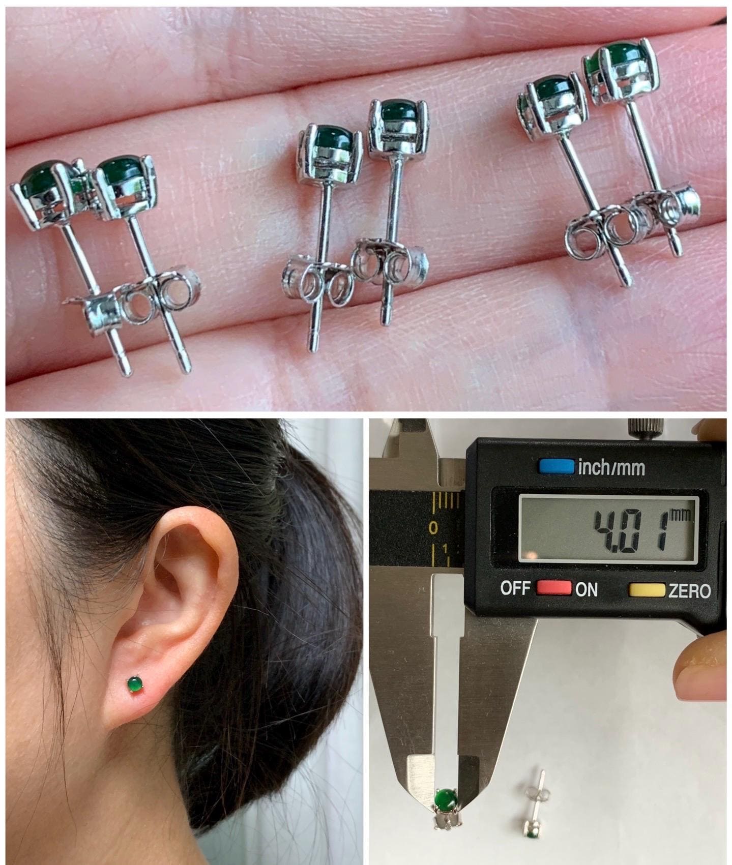 Petite Natural Guatemalan Icy Translucent Vibrant Green Jadeite Cabochon Classic Studs Earrings S925 Sterling Silver 4mm 天然冰危绿翡翠银镶耳钉
